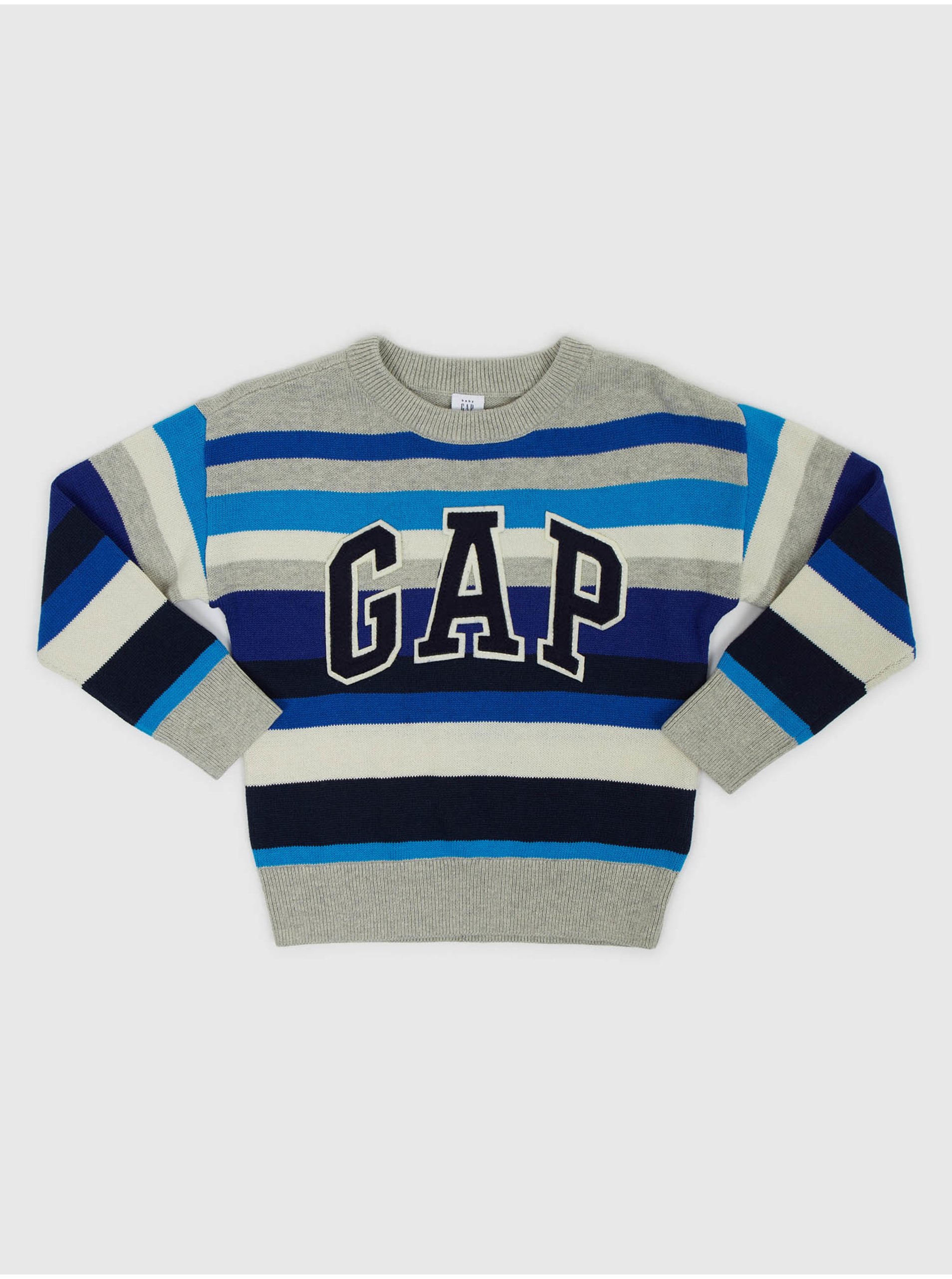 Lacno Šedo-modrý chlapčenský pruhovaný sveter s logom GAP