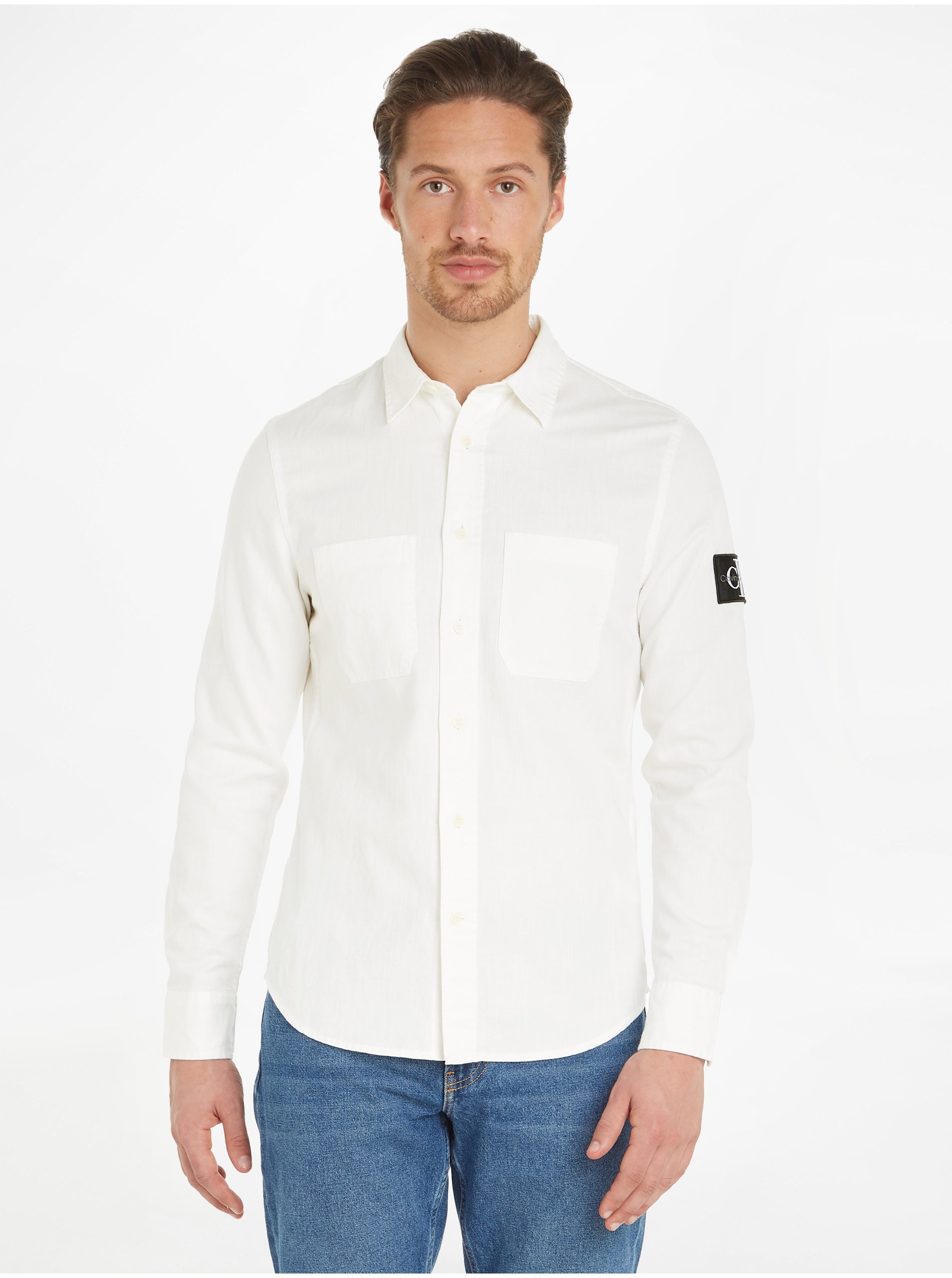 Levně Bílá pánská košile s příměsu lnu Calvin Klein Jeans