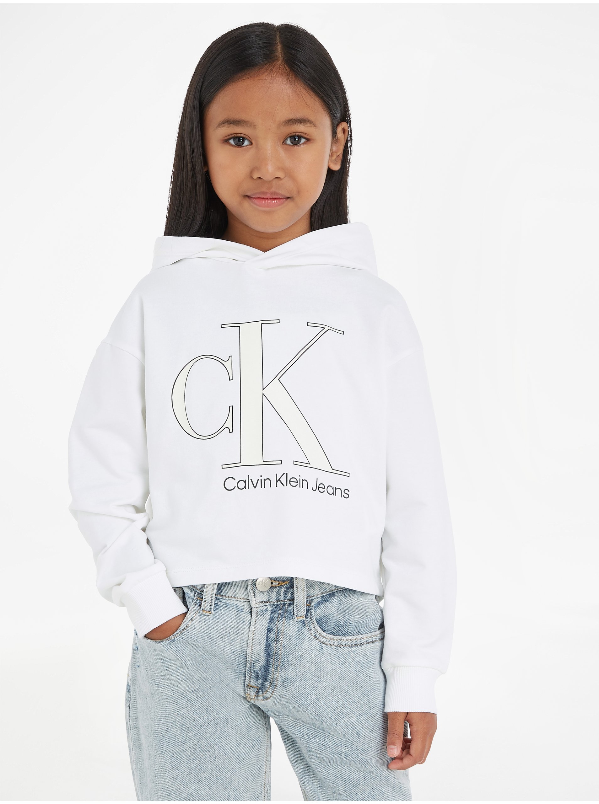 Levně Bílá holčičí crop top mikina Calvin Klein Jeans
