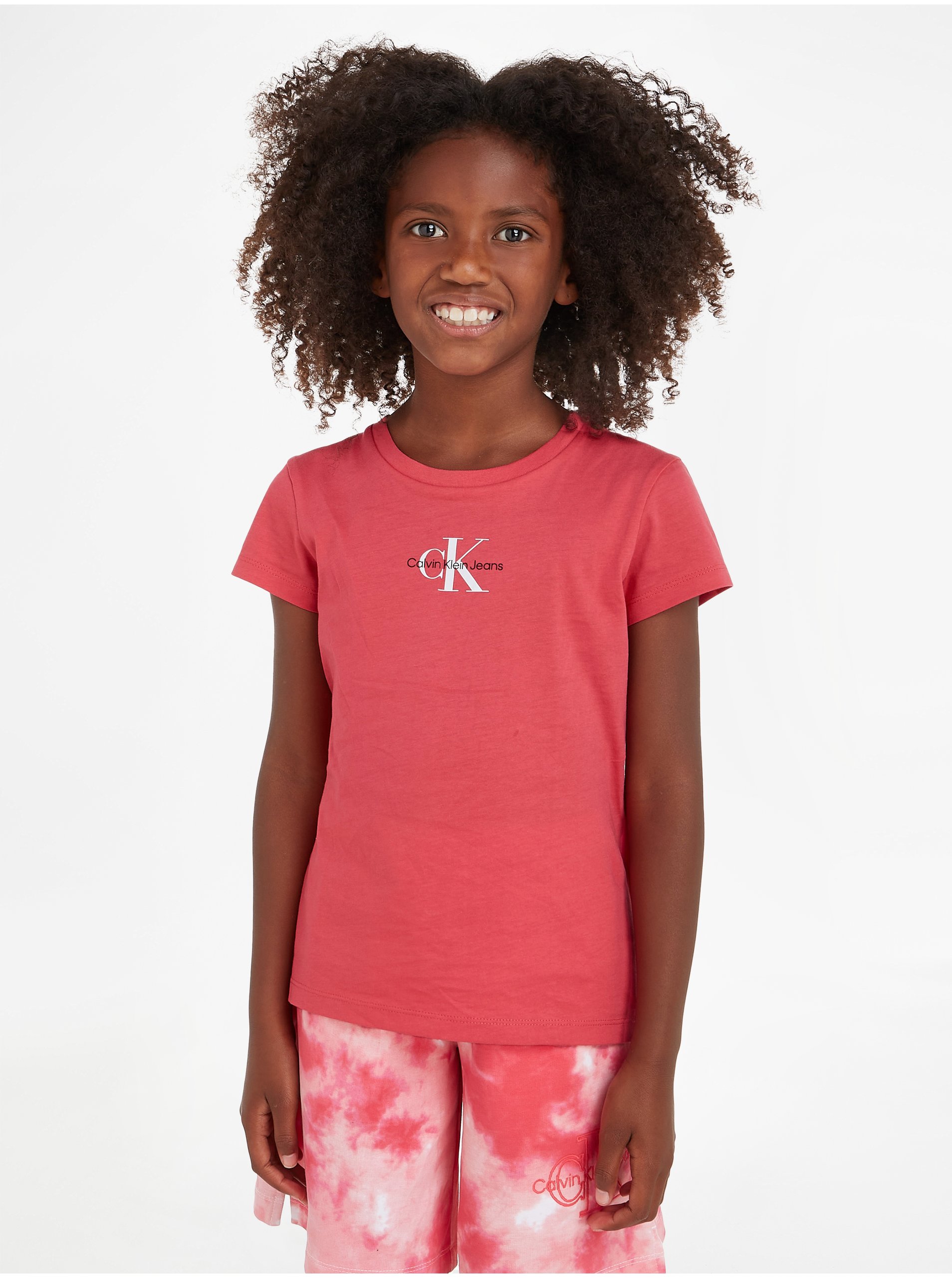 Levně Tmavě růžové holčičí tričko Calvin Klein Jeans
