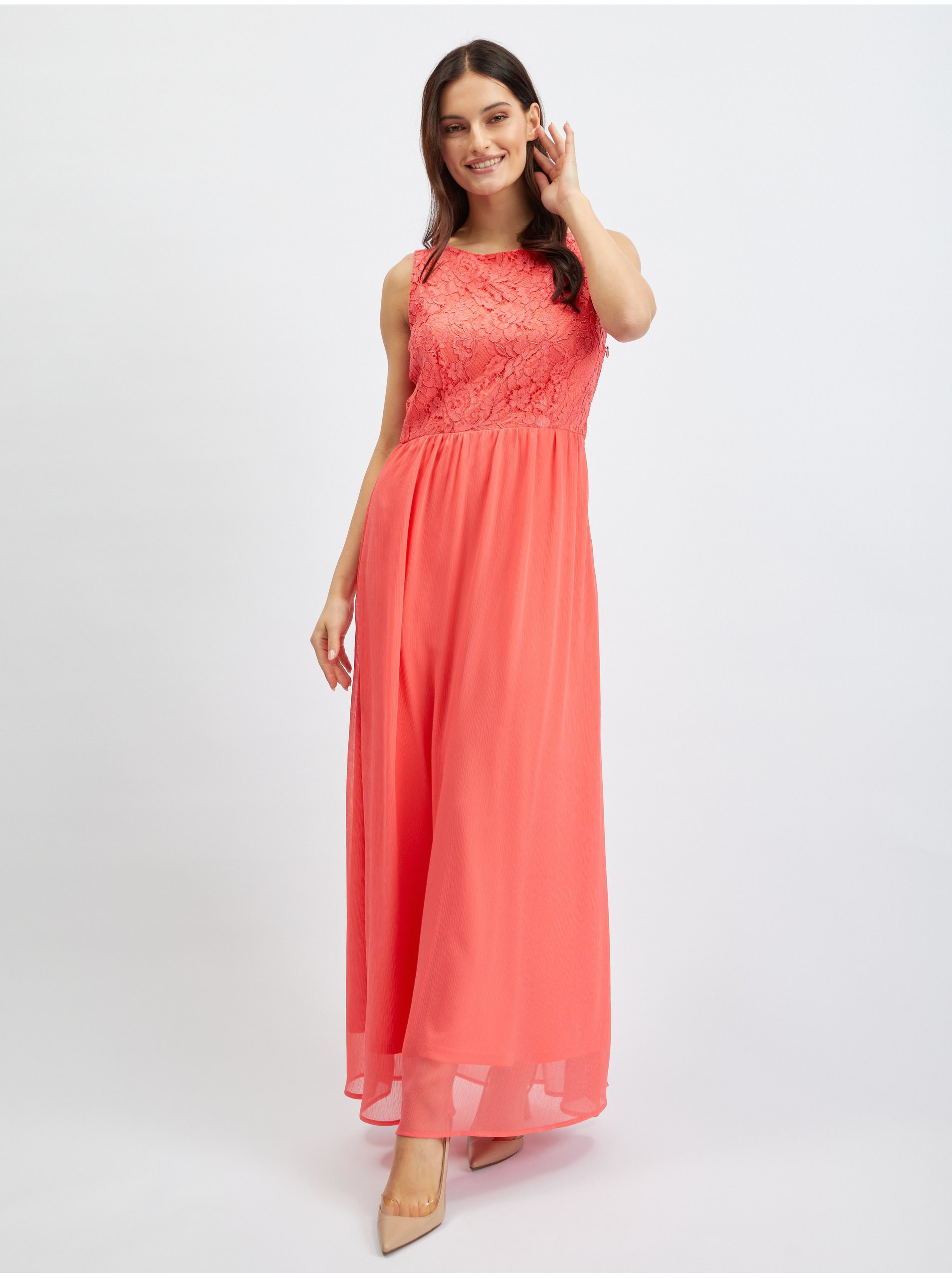 Levně Růžové dámské krajkované maxi šaty ORSAY