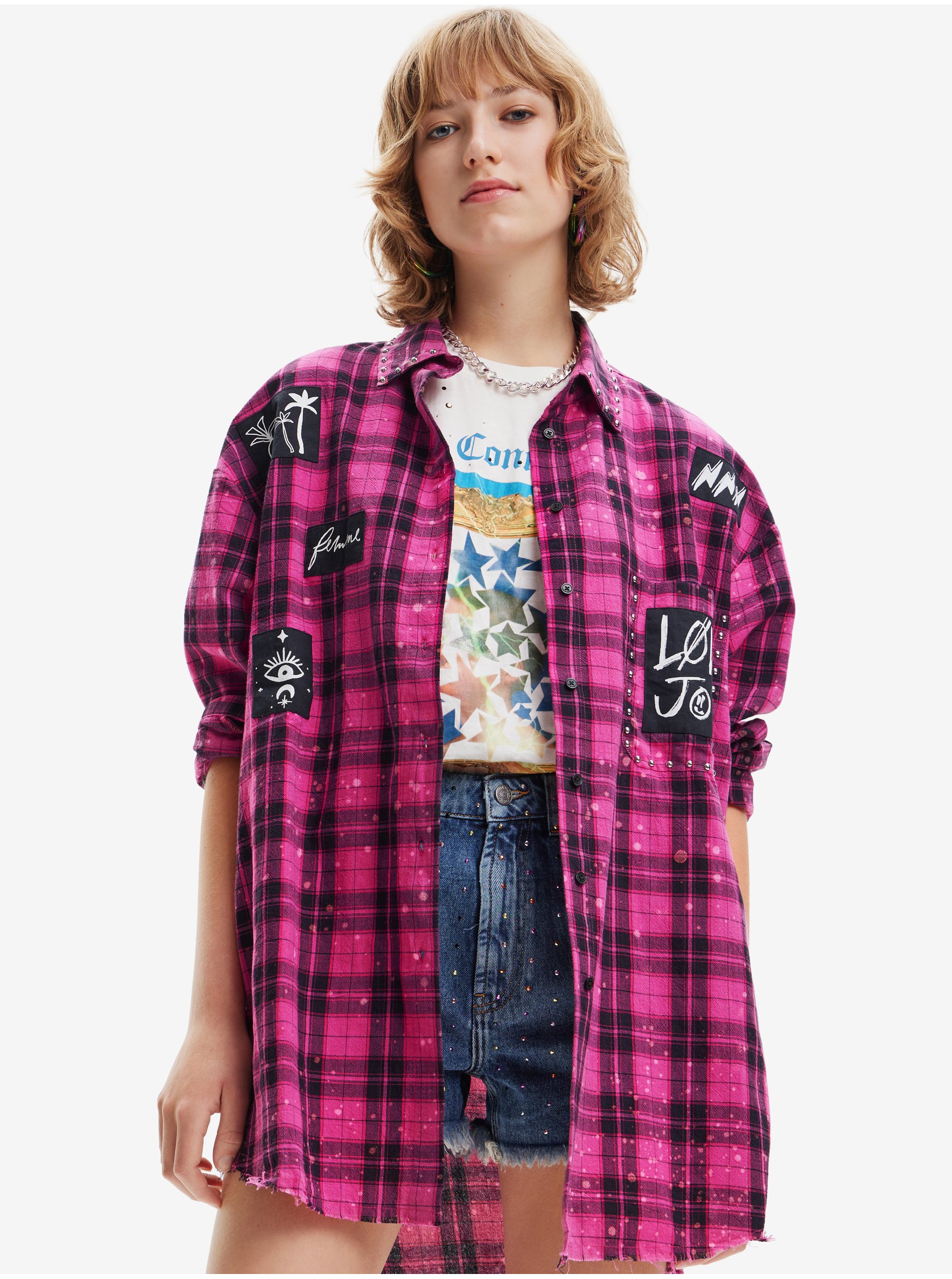 E-shop Růžová dámská kostkovaná oversize košile Desigual Dudley