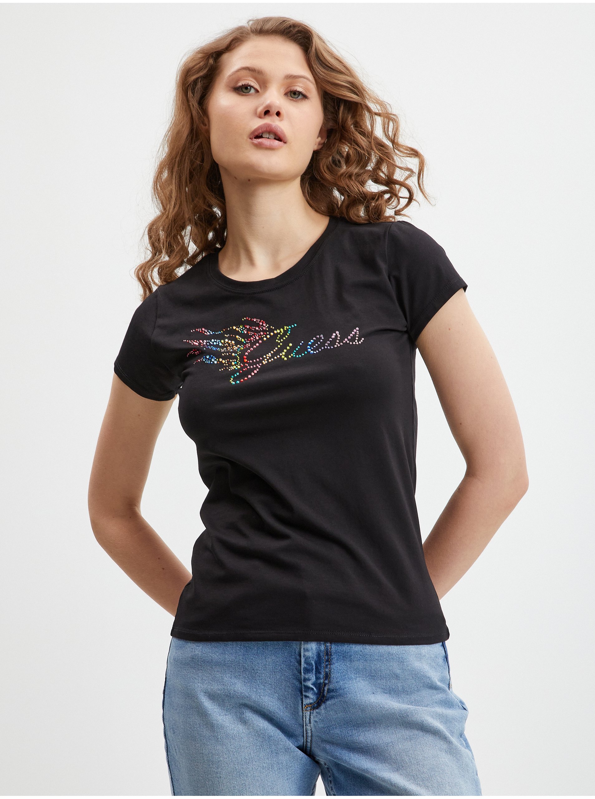 Levně Černé dámské tričko Guess Flame