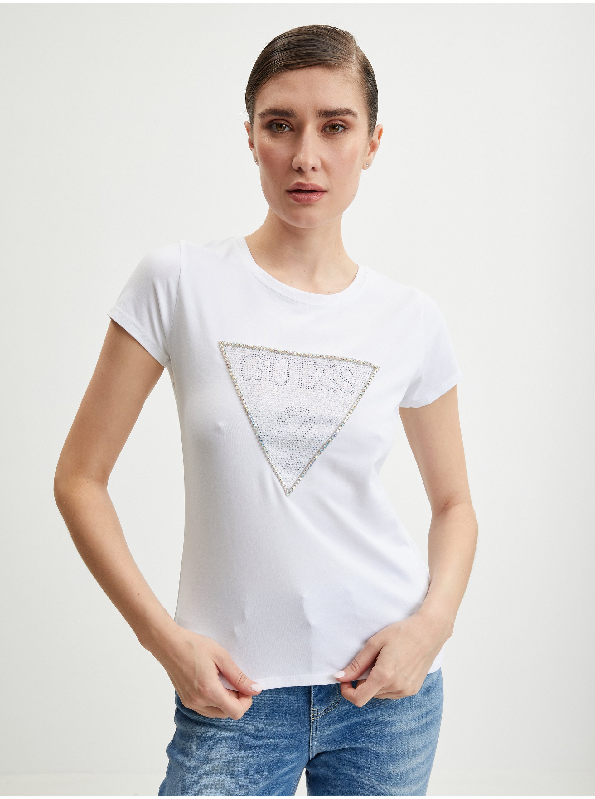 Levně Bílé dámské tričko Guess Crystal