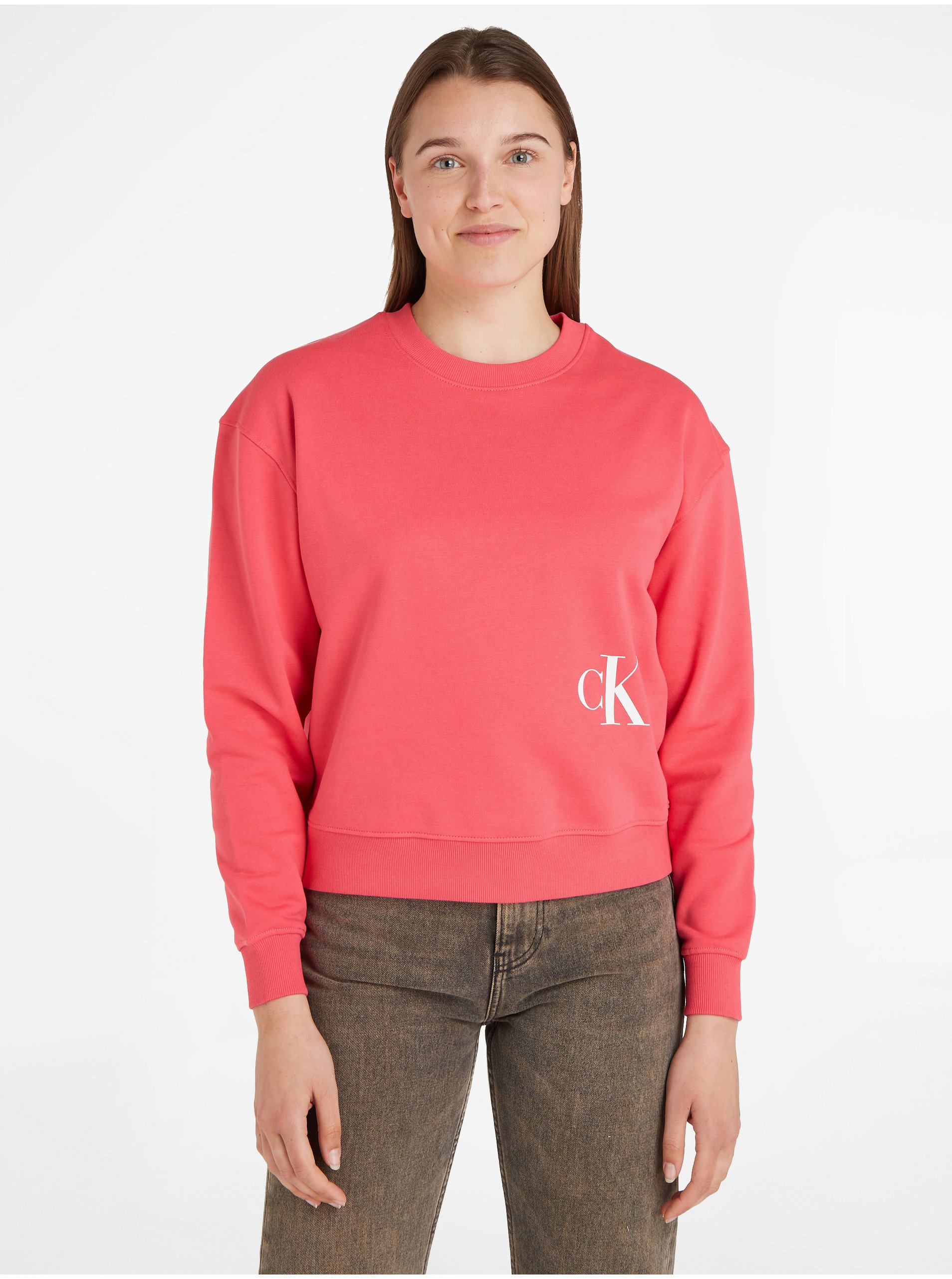 Levně Tmavě růžová dámská mikina Calvin Klein Jeans