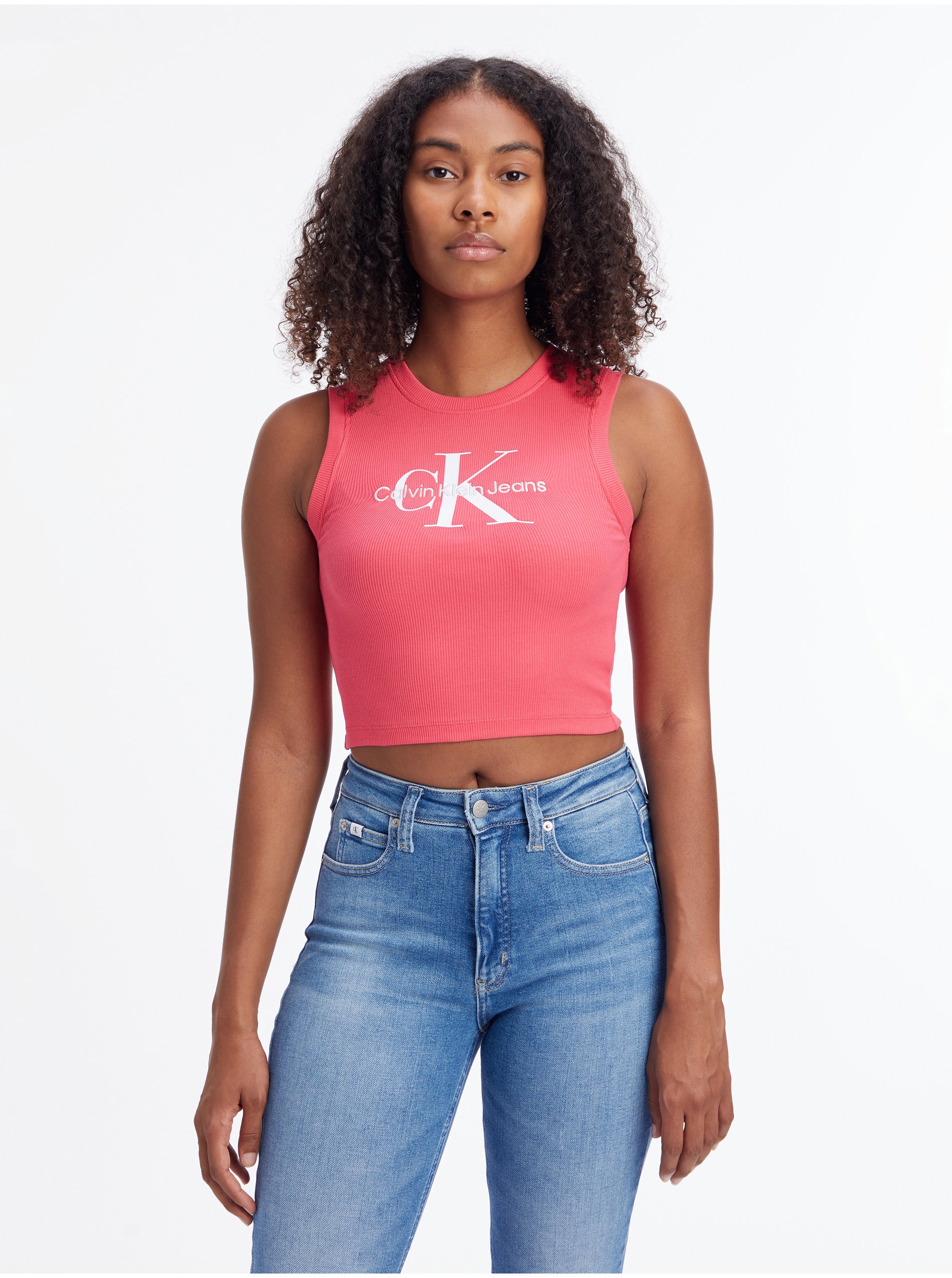 Levně Tmavě růžové dámské crop top tílko Calvin Klein Jeans