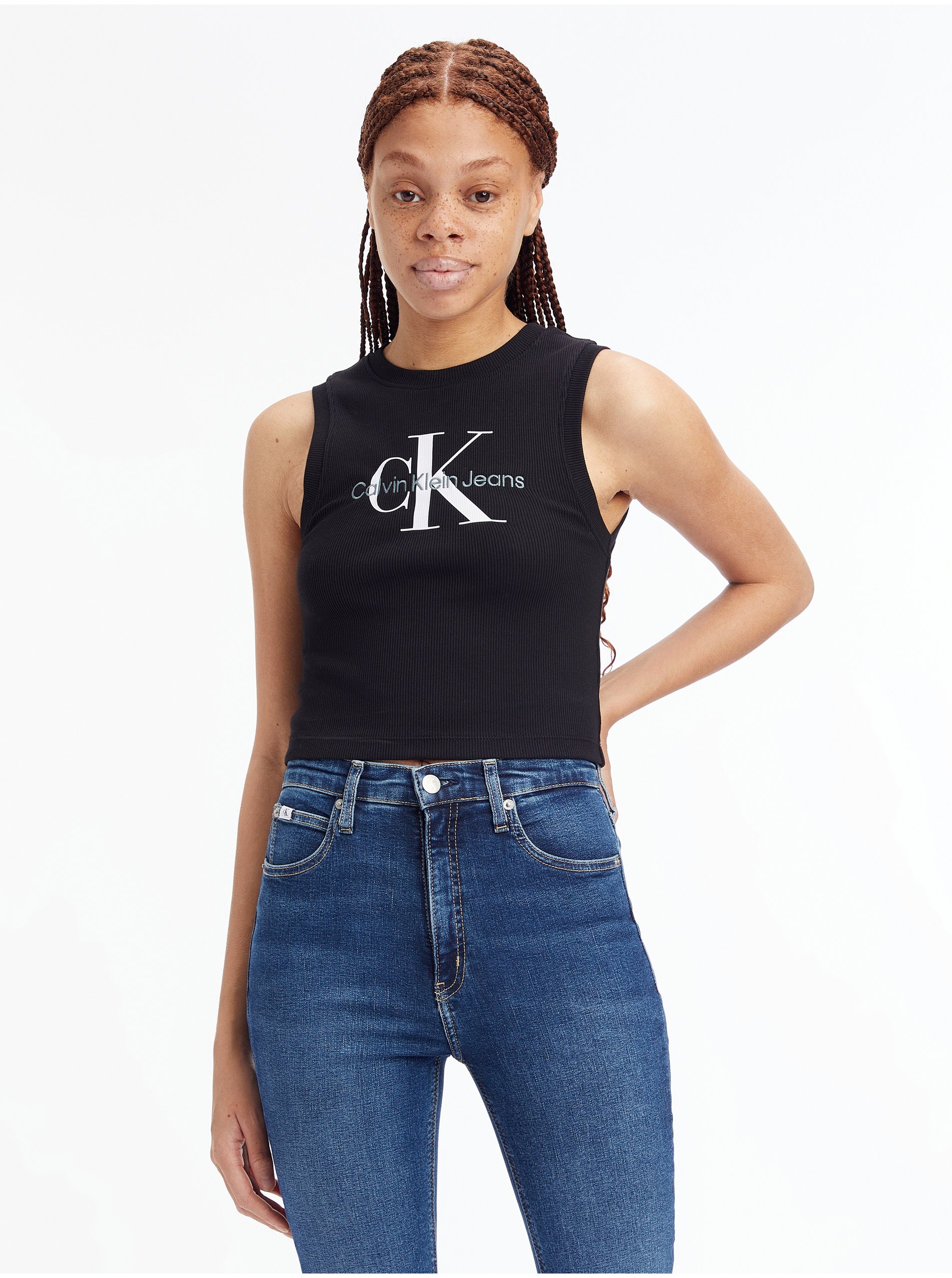 Levně Černé dámské crop top tílko Calvin Klein Jeans