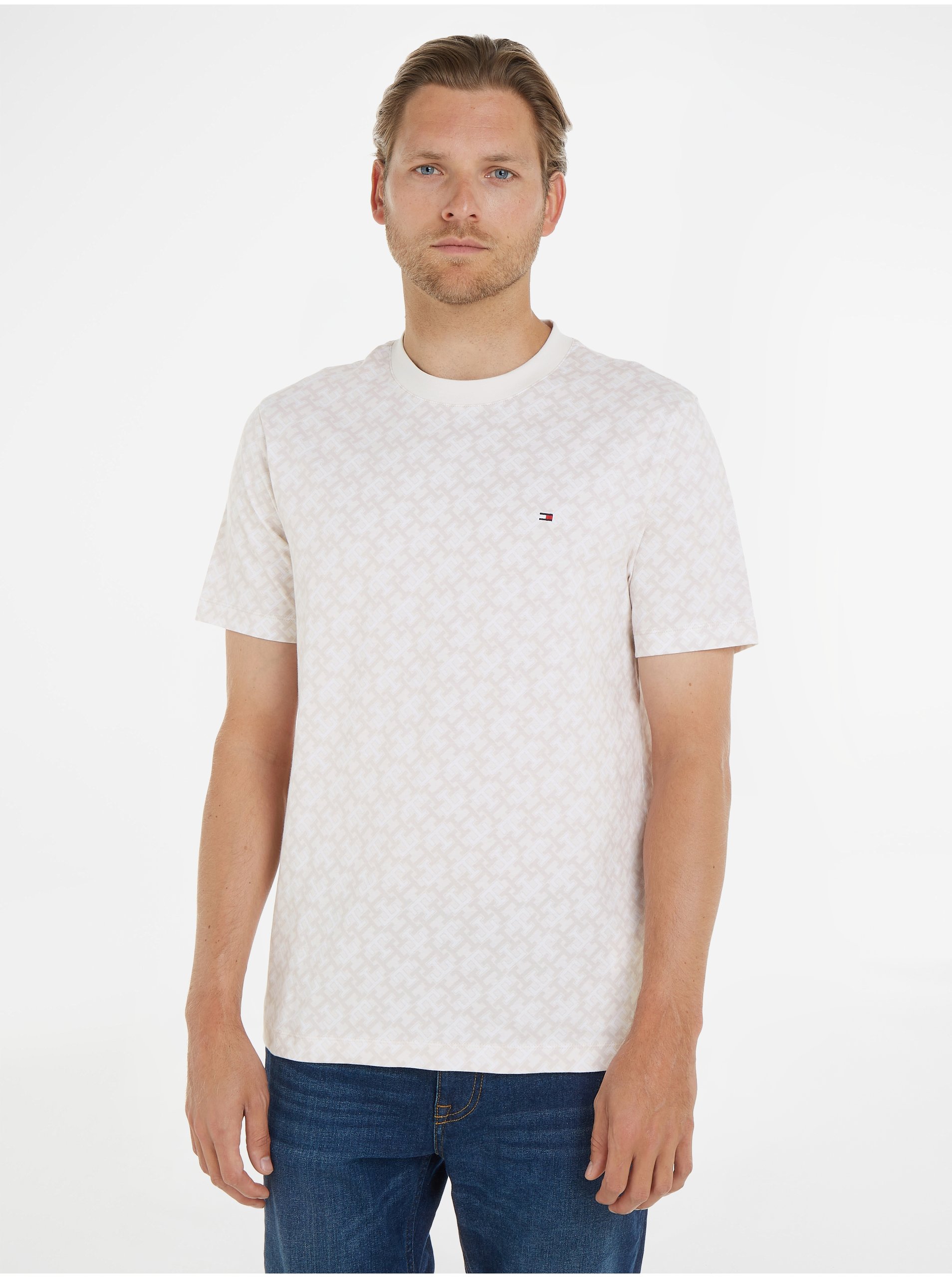 E-shop Béžové pánské vzorované tričko Tommy Hilfiger