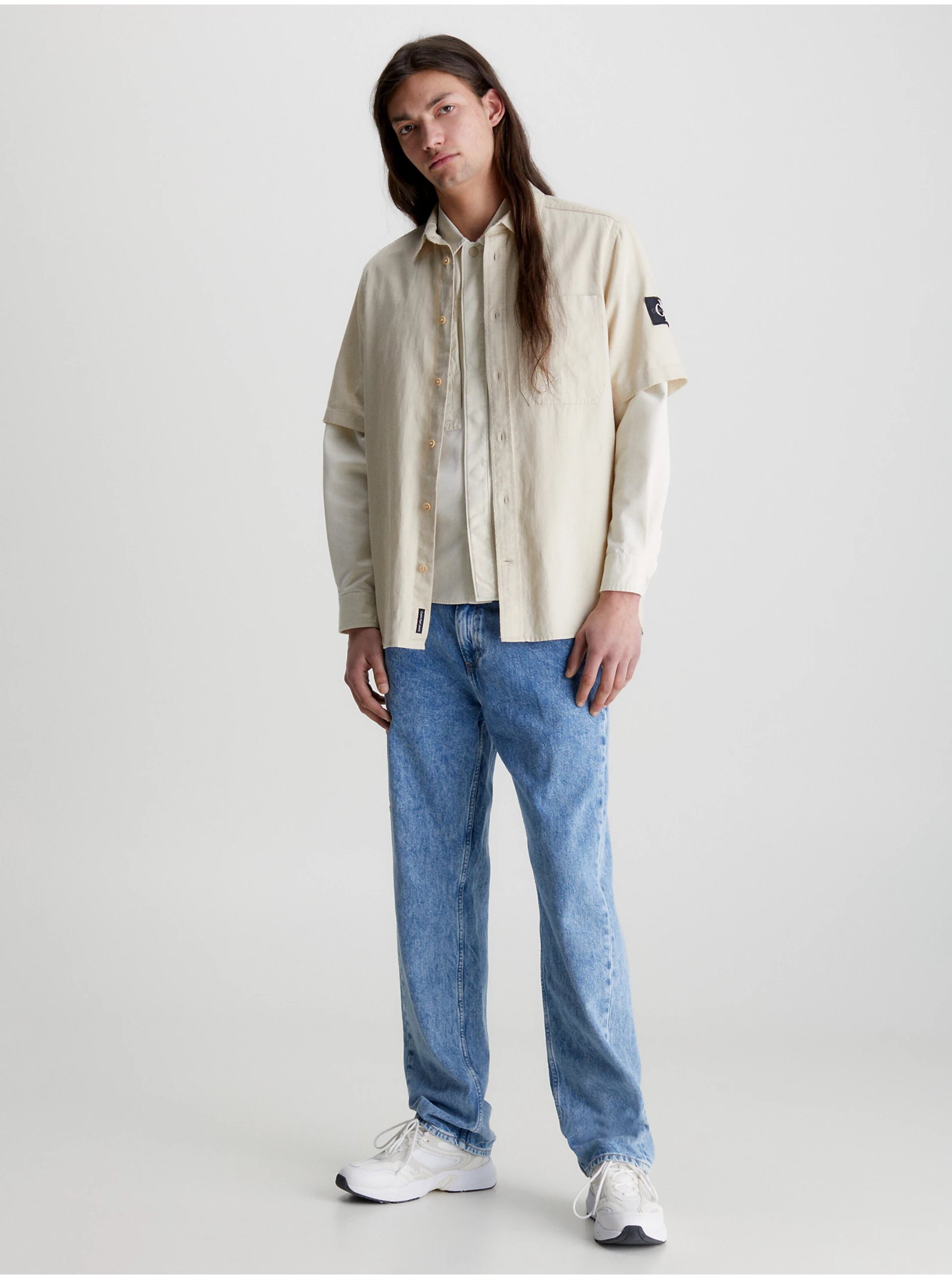 Levně Béžová pánská košile Calvin Klein Jeans