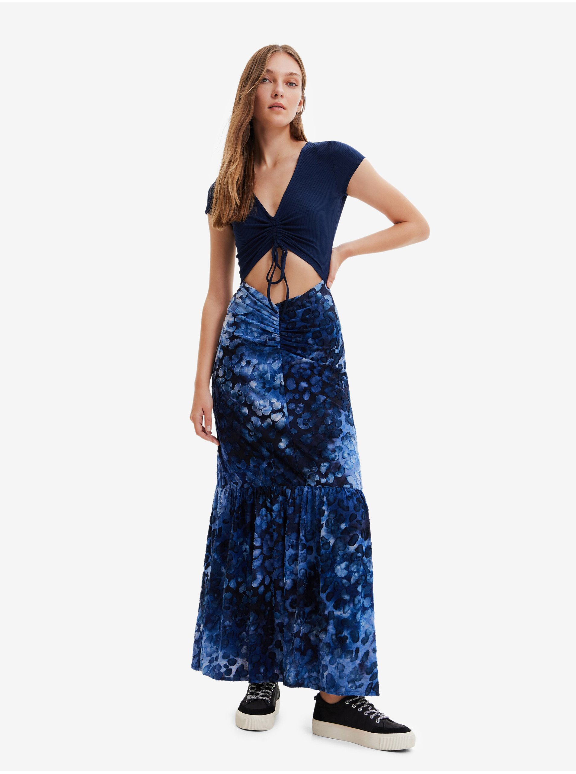 E-shop Tmavě modré dámské žíhané šaty Desigual Brighton