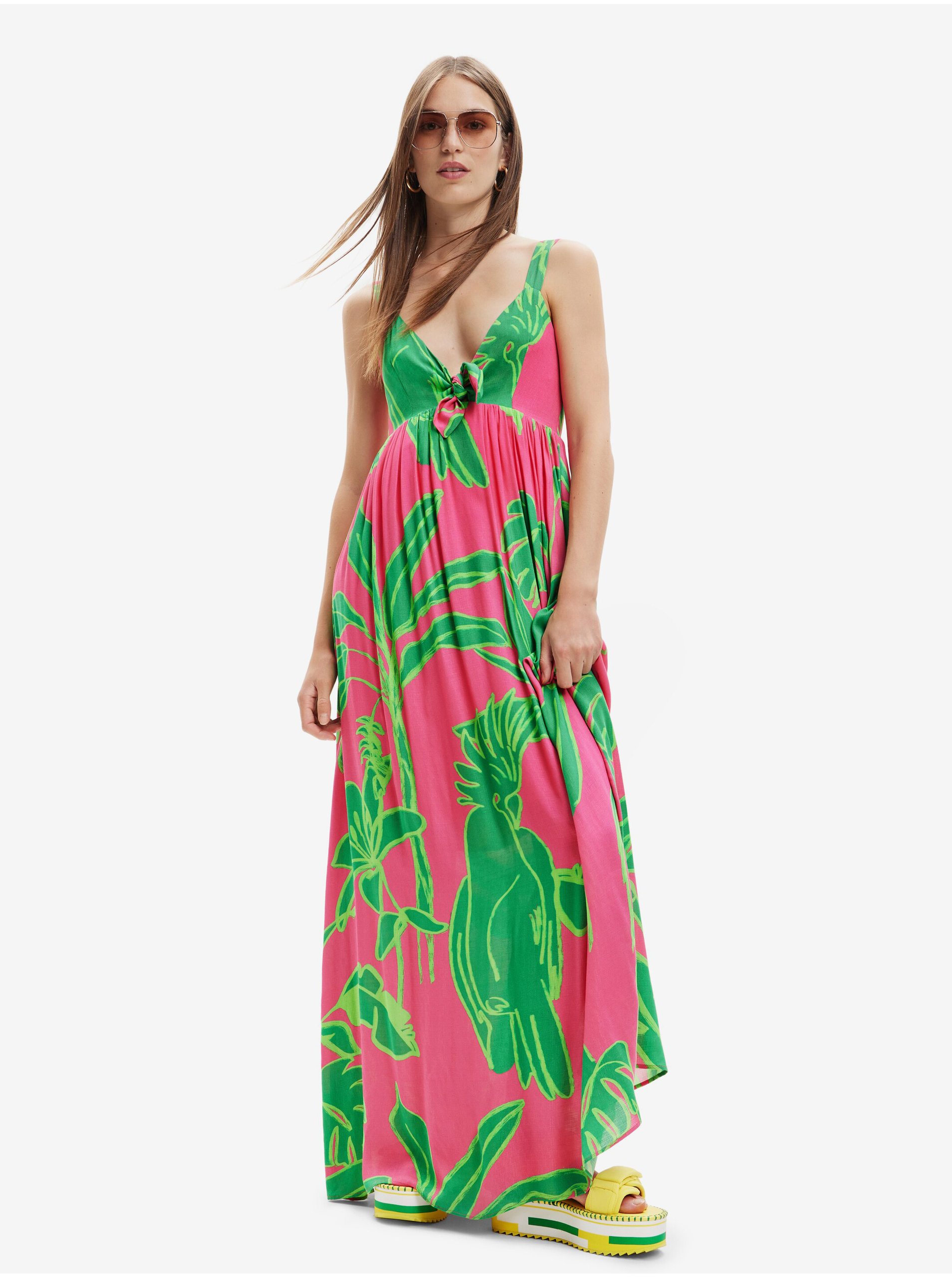 Lacno Zeleno-ružové dámske vzorované šaty Desigual Damila