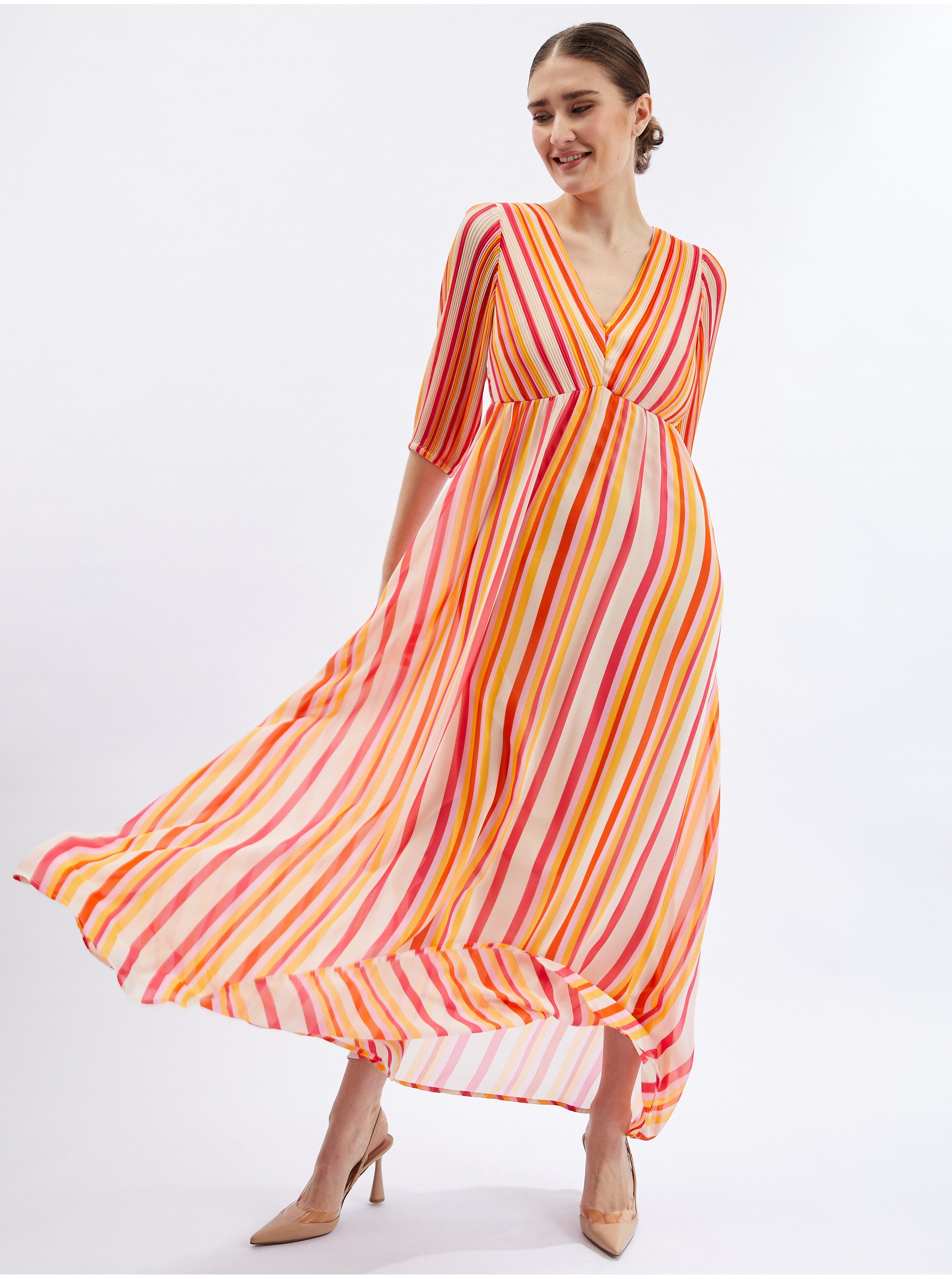 E-shop Růžovo-oranžové dámské pruhované maxi šaty ORSAY