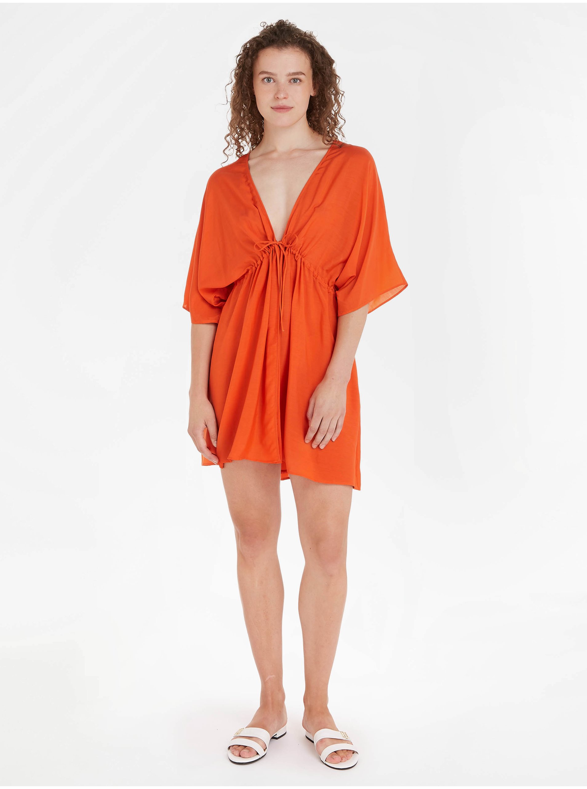 Levně Oranžové dámské šaty Tommy Hilfiger Cover Up Short Dress SS