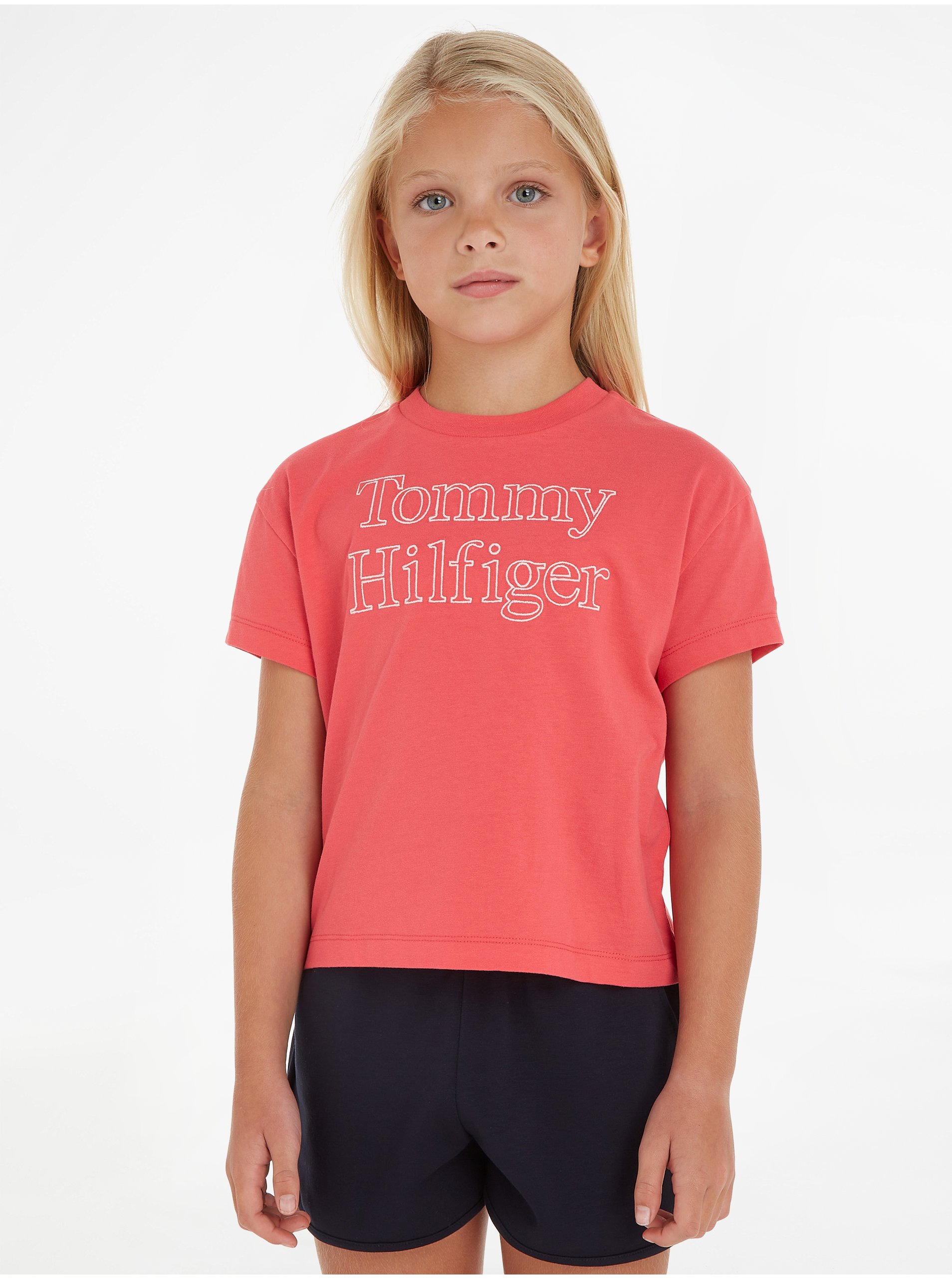 Levně Tmavě růžové holčičí tričko Tommy Hilfiger
