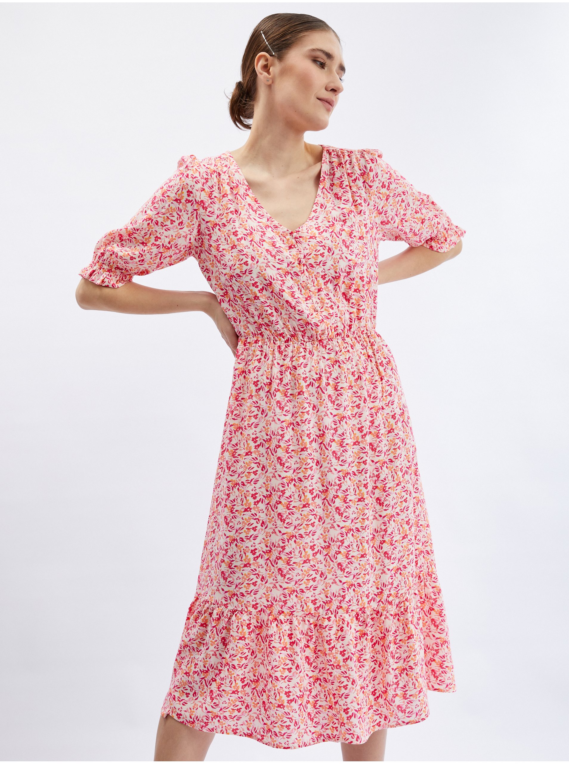 E-shop Oranžovo-růžové dámské květované šaty ORSAY