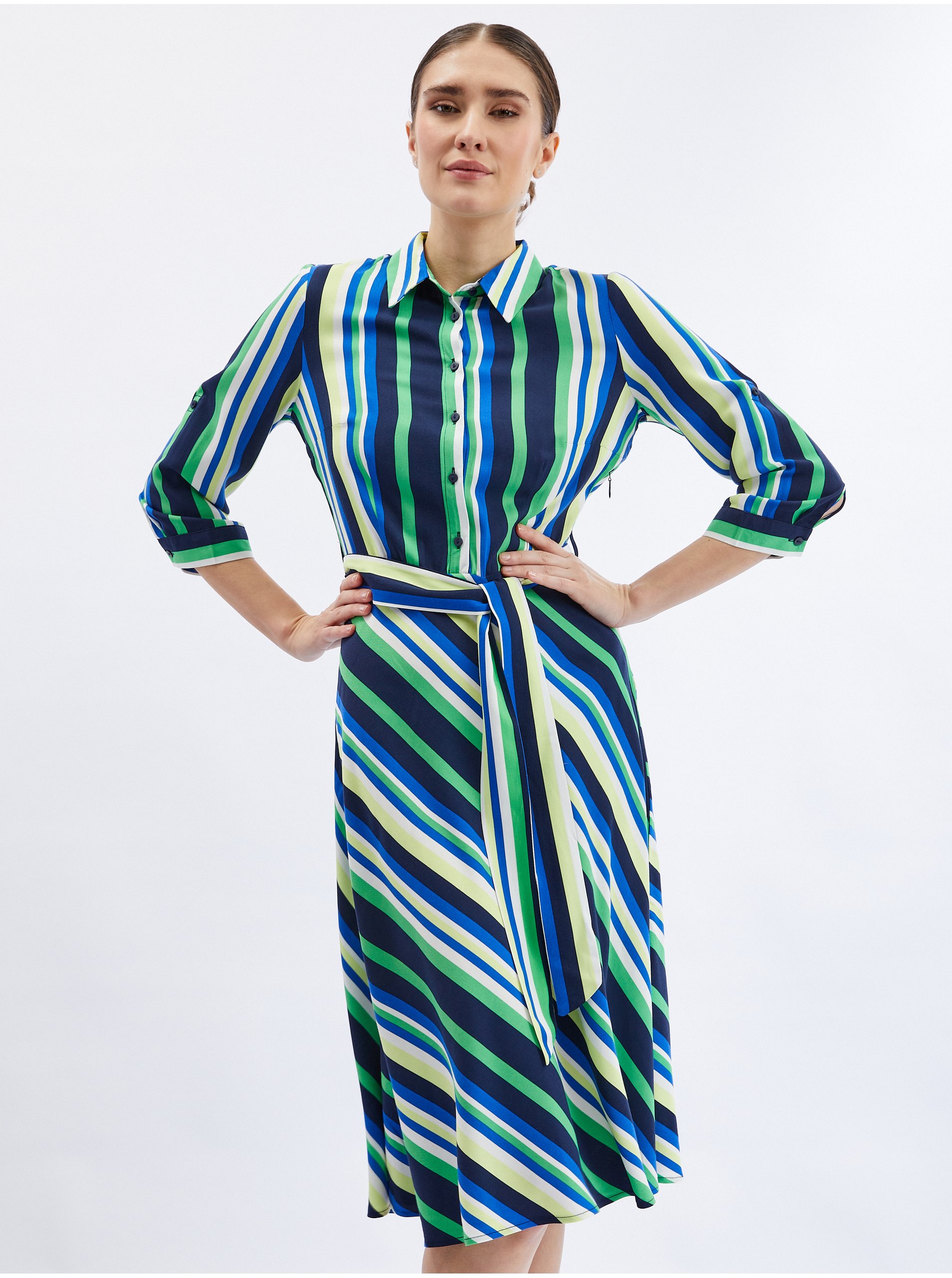 E-shop Zeleno-modré dámské pruhované košilové šaty ORSAY