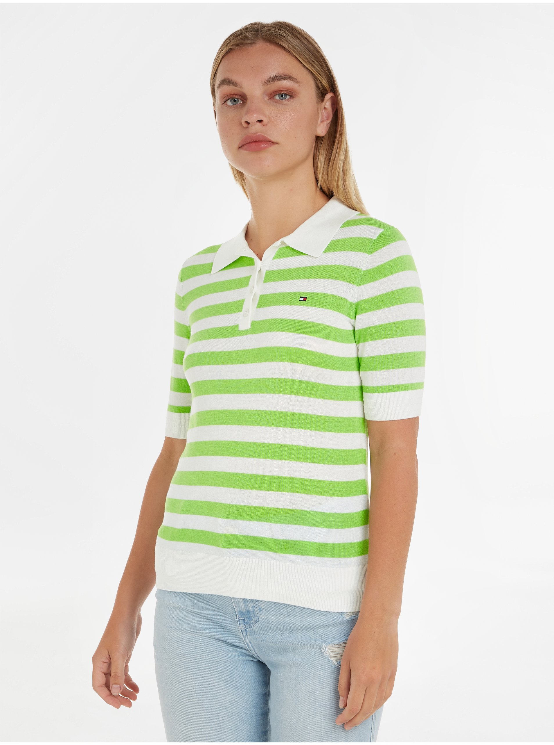 Levně Zeleno-bílé dámské pruhované polo tričko Tommy Hilfiger