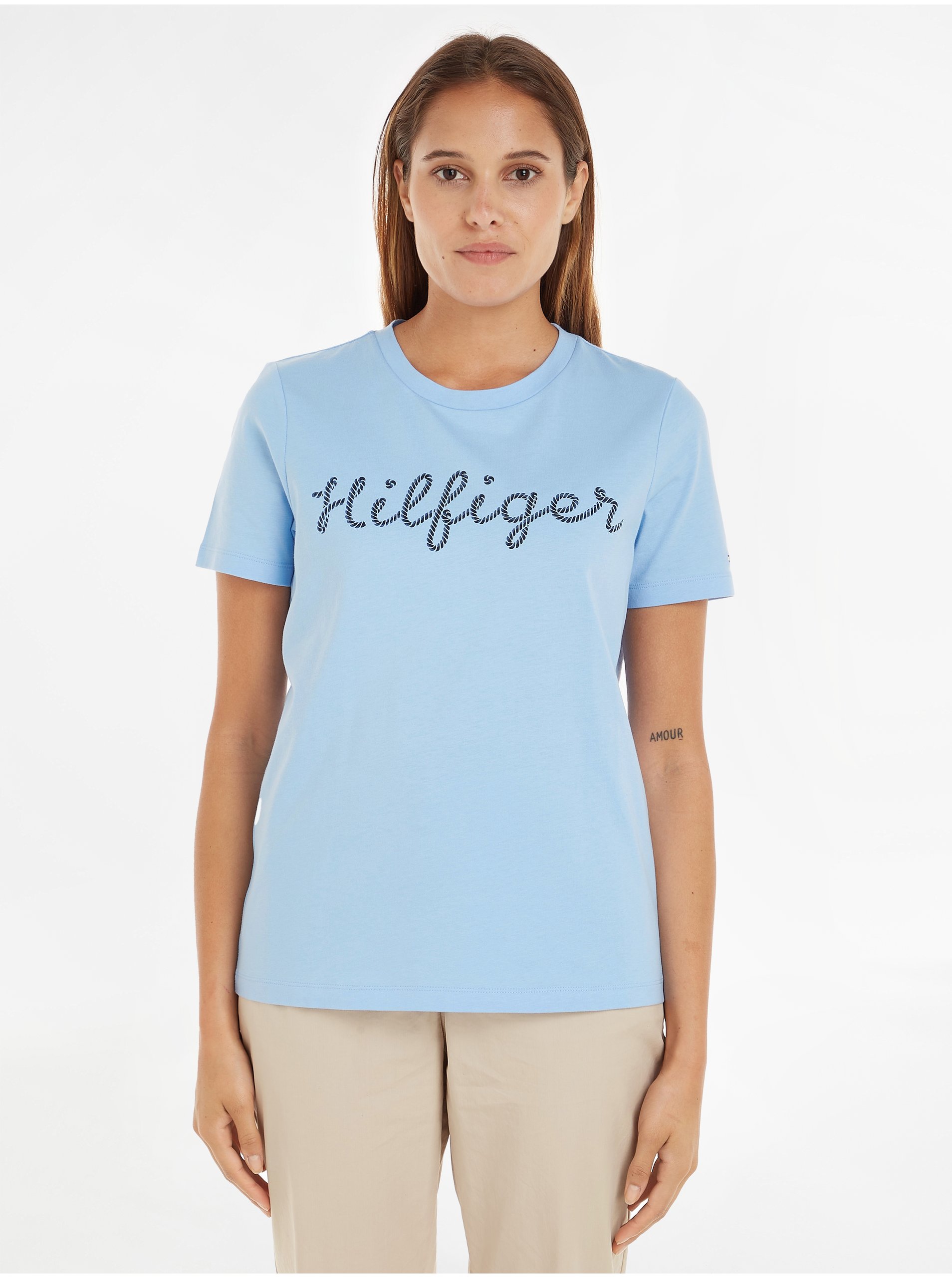 Levně Světle modré dámské tričko Tommy Hilfiger