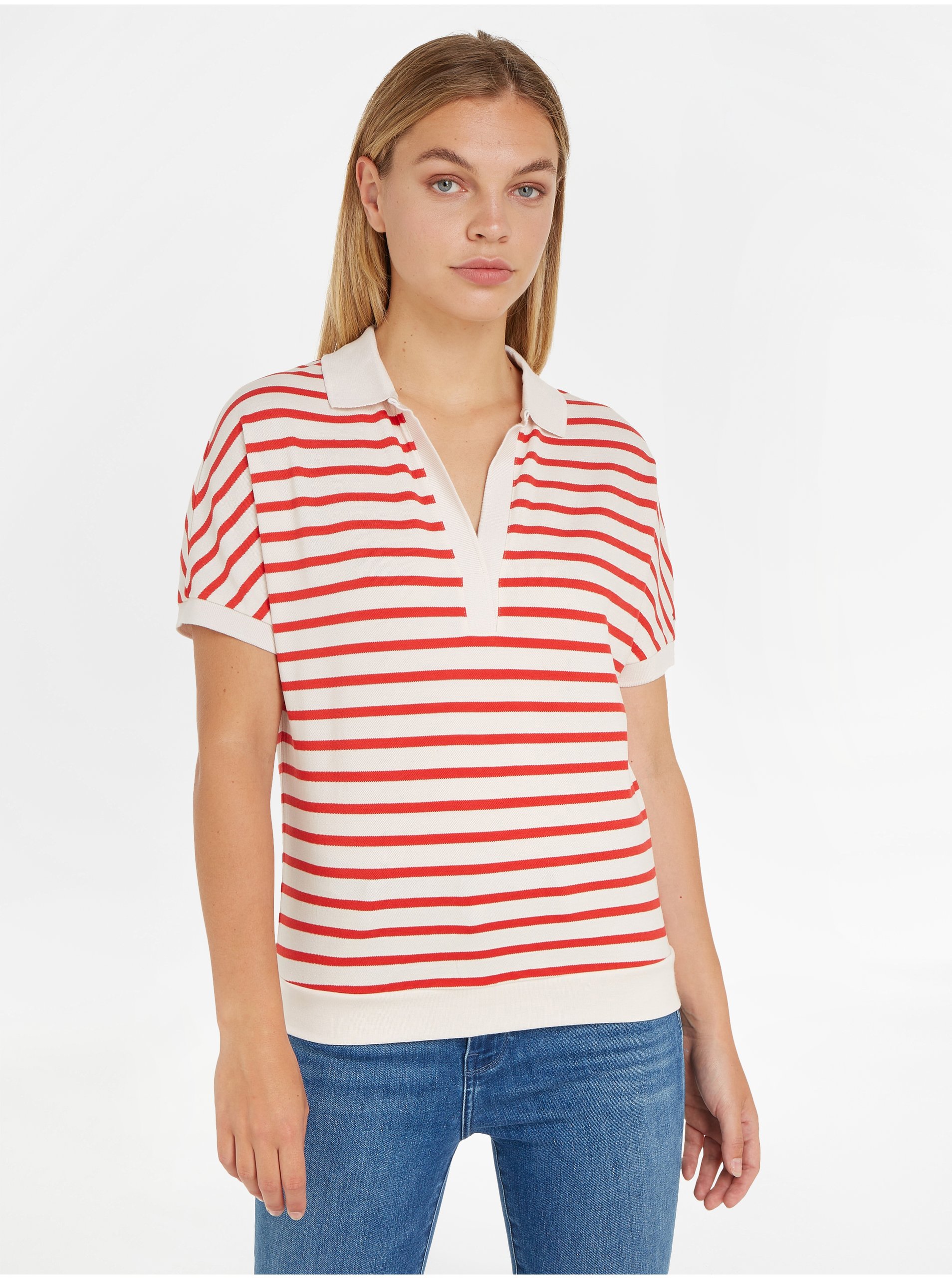 E-shop Krémovo-červené dámské pruhované polo tričko Tommy Hilfiger