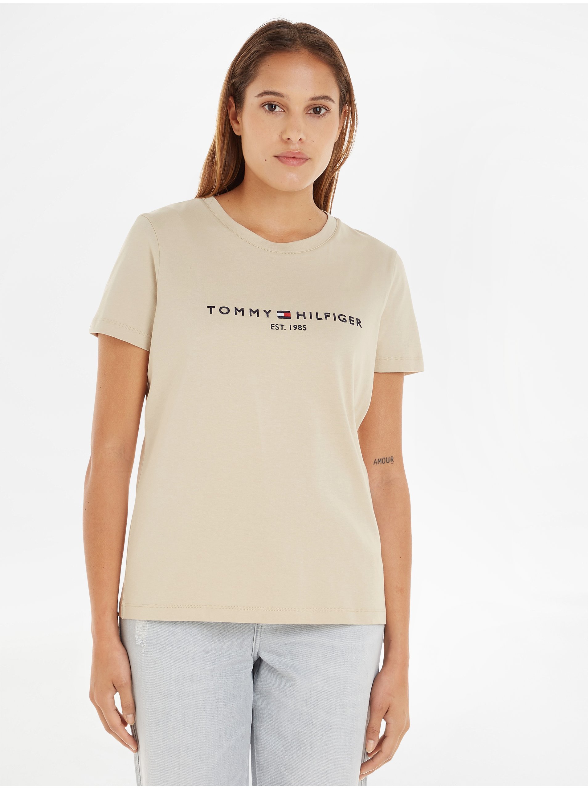 Levně Béžové dámské tričko Tommy Hilfiger