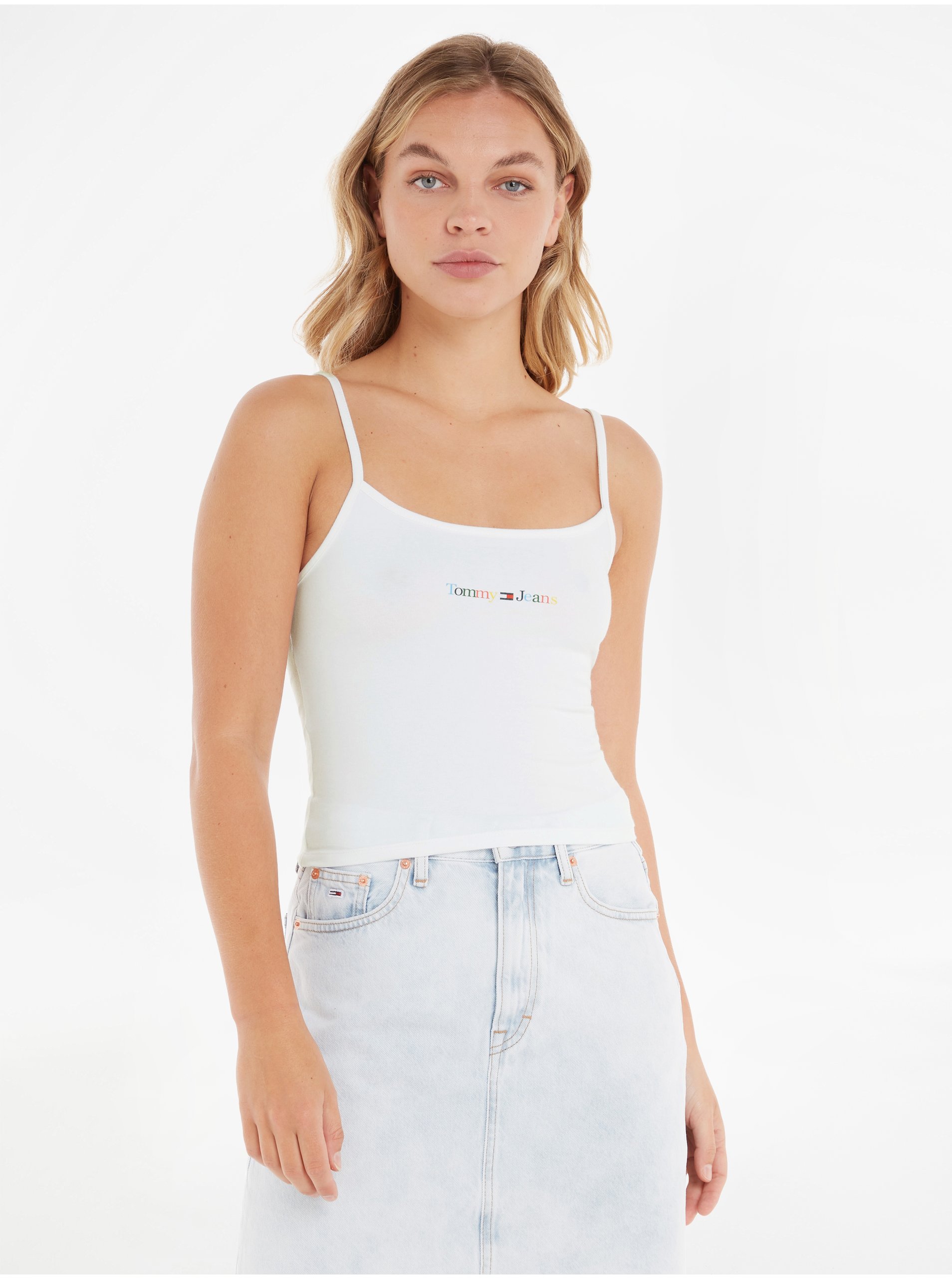 Levně Bílé dámské tílko Tommy Jeans TJW BBY Color Linear Strap Top