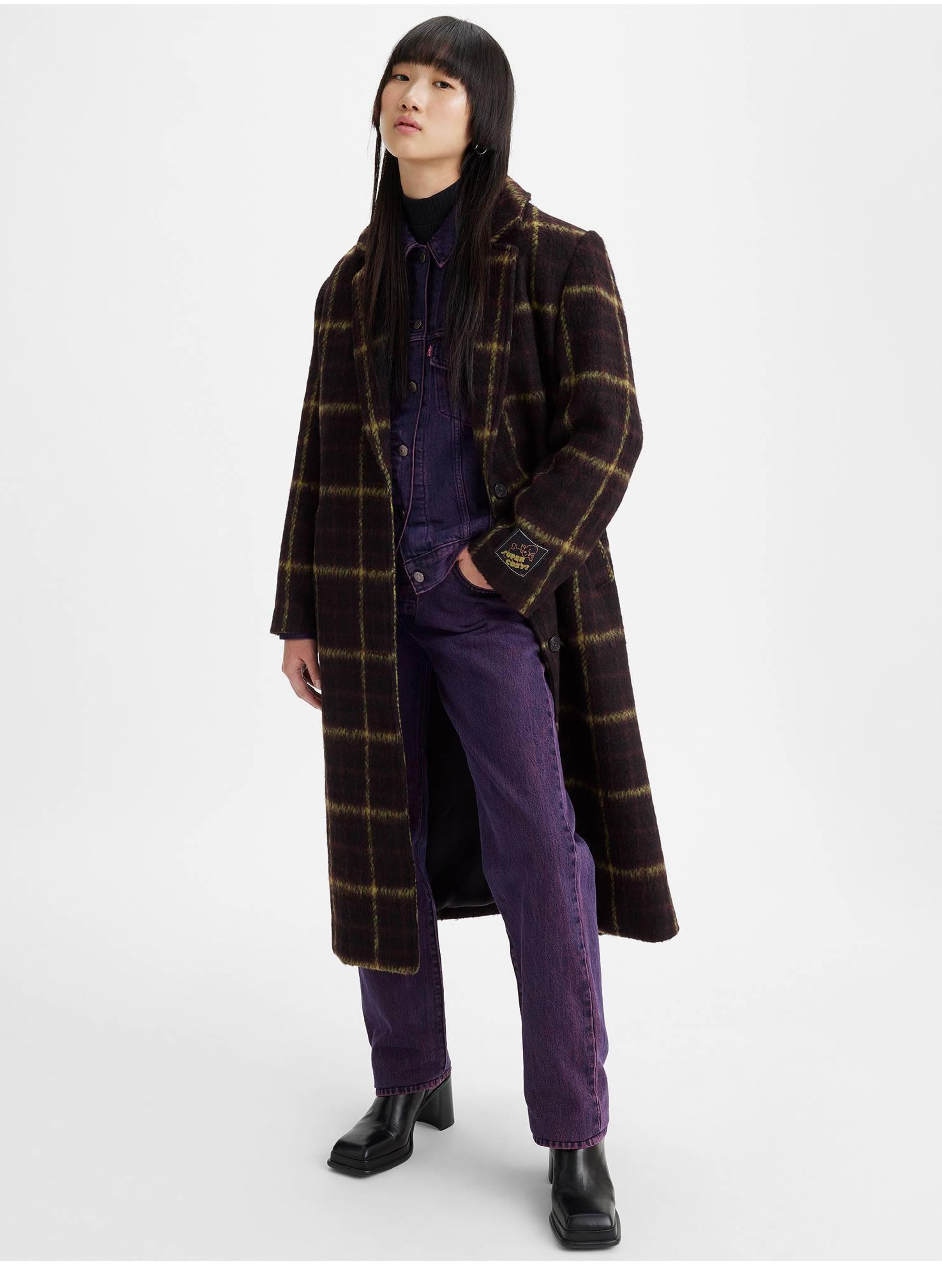 E-shop Tmavě hnědý dámský kostkovaný kabát s příměsí vlny Levi's® Off Campus Wooly Coat