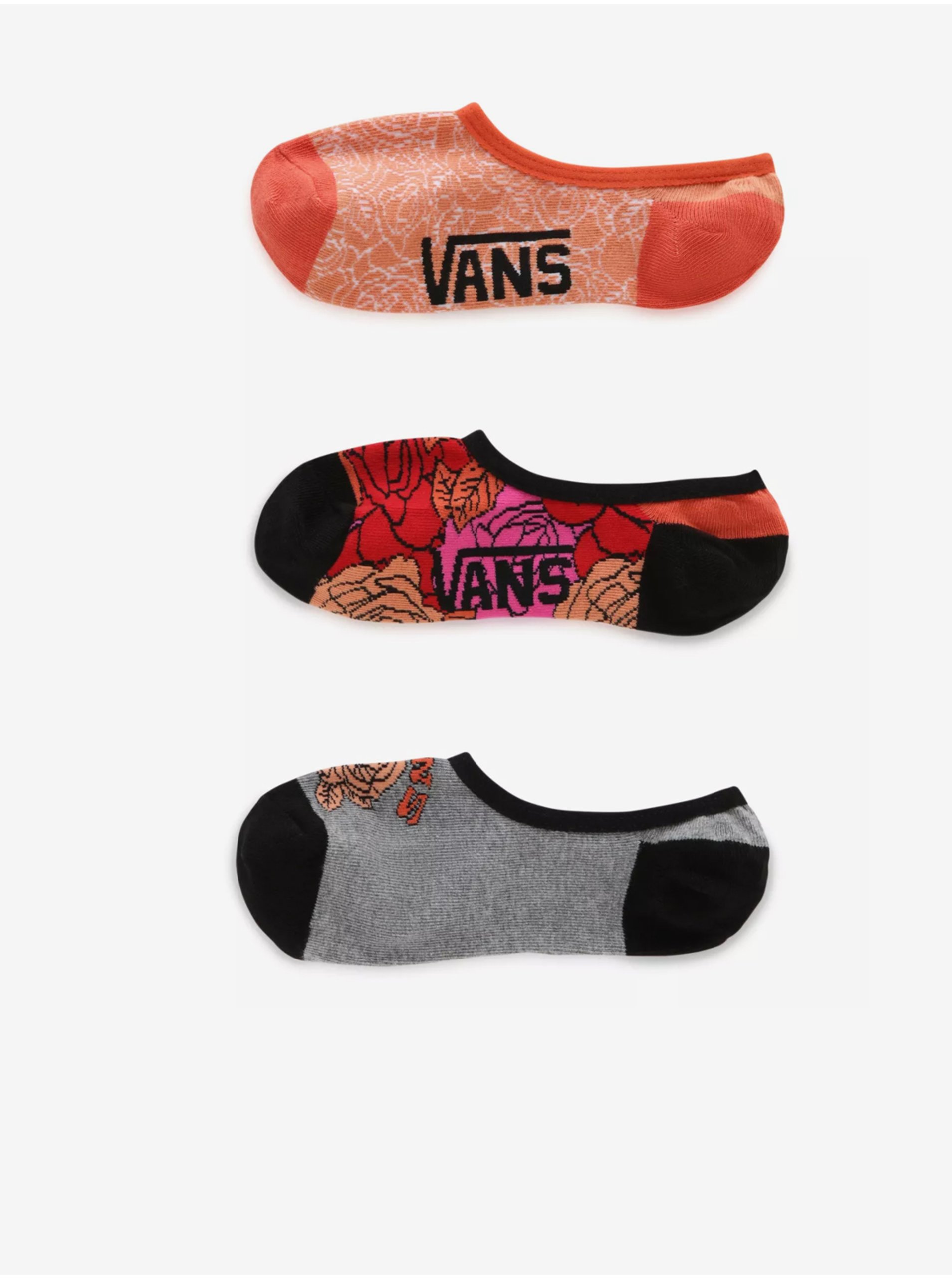 E-shop Sada tří párů dámských květovaných ponožek v černé a červené barvě VANS Rose