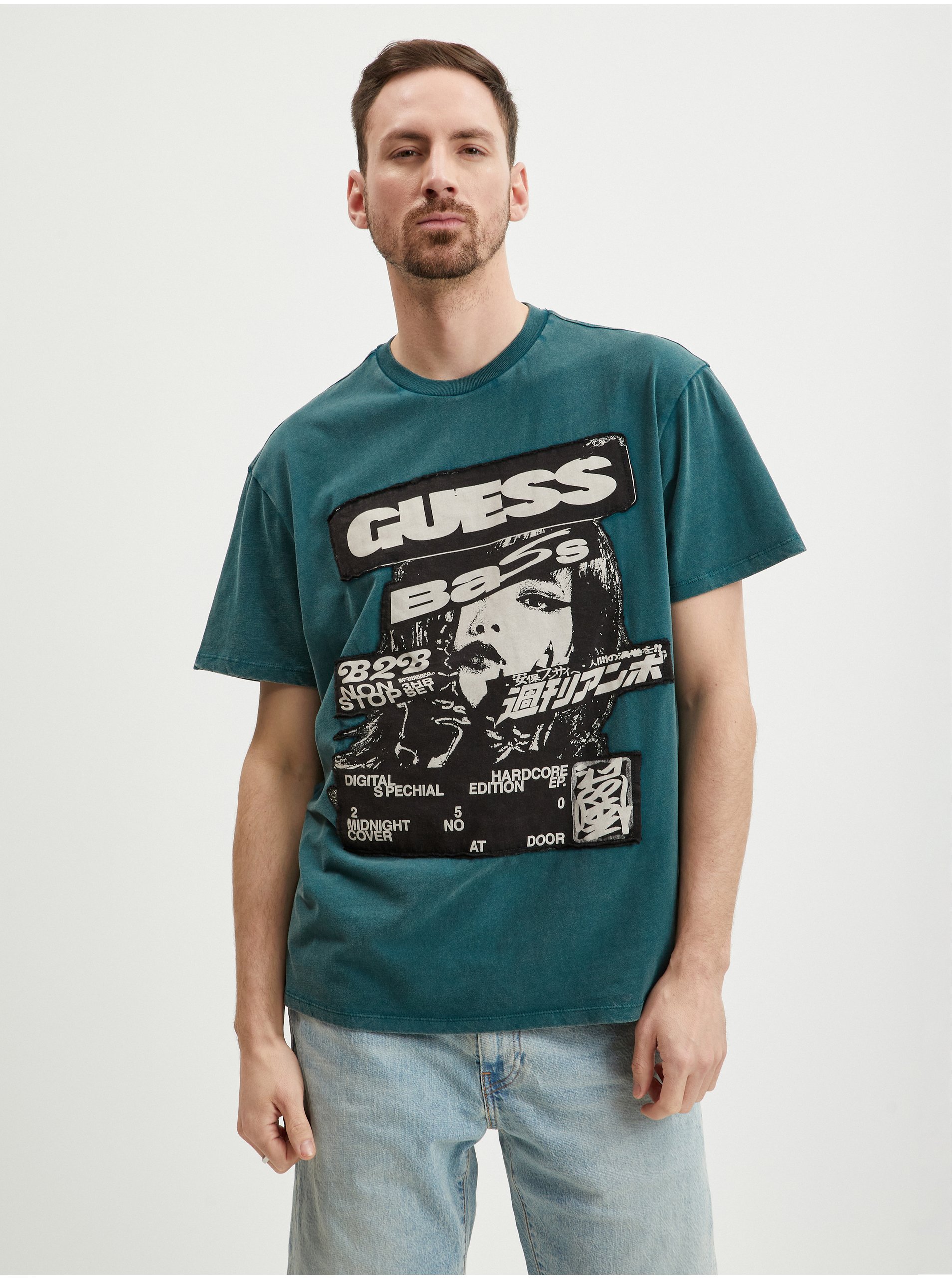 Levně Petrolejové pánské tričko Guess Music