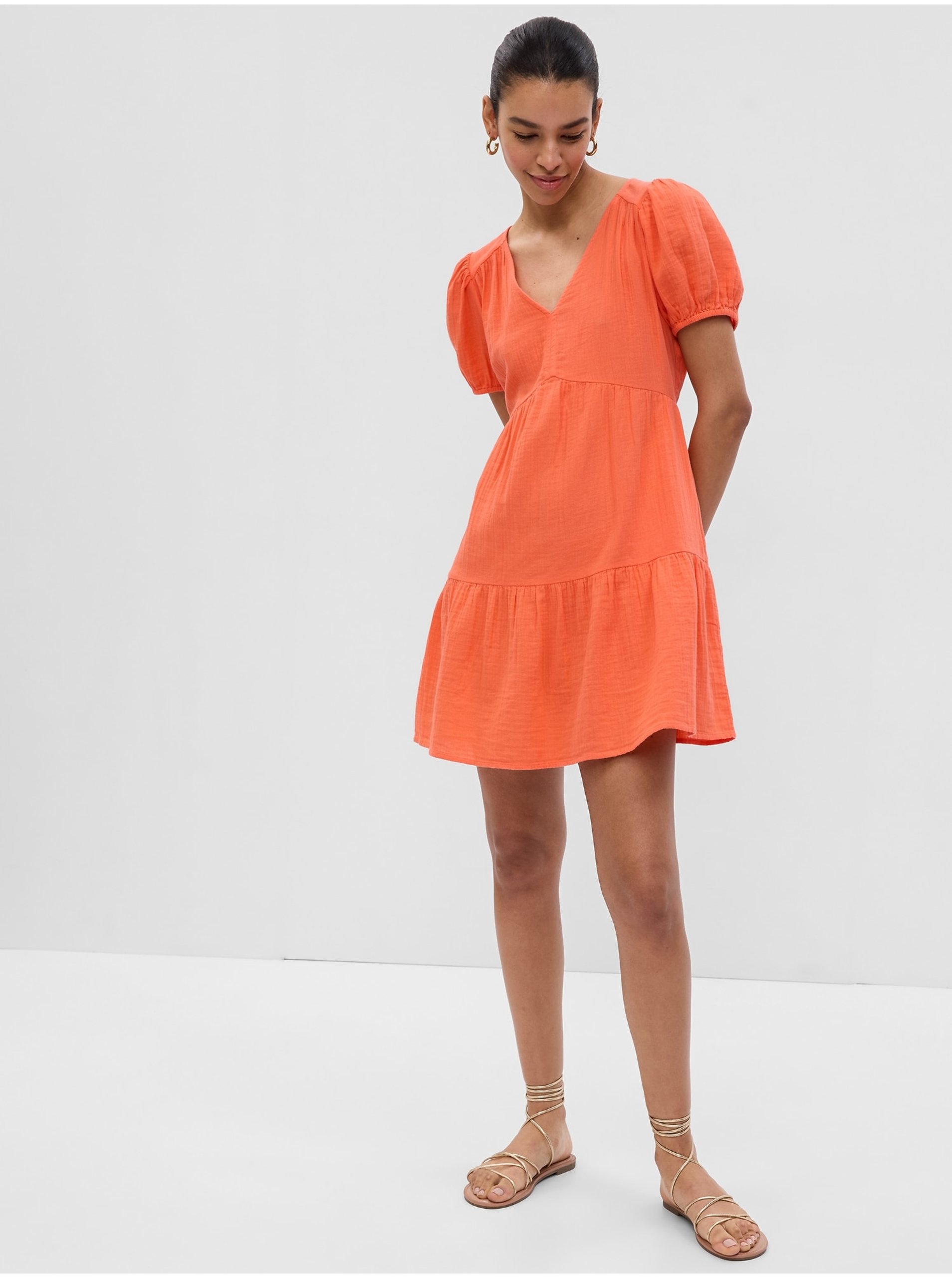 Lacno Oranžové dámske mini šaty s rukávom GAP