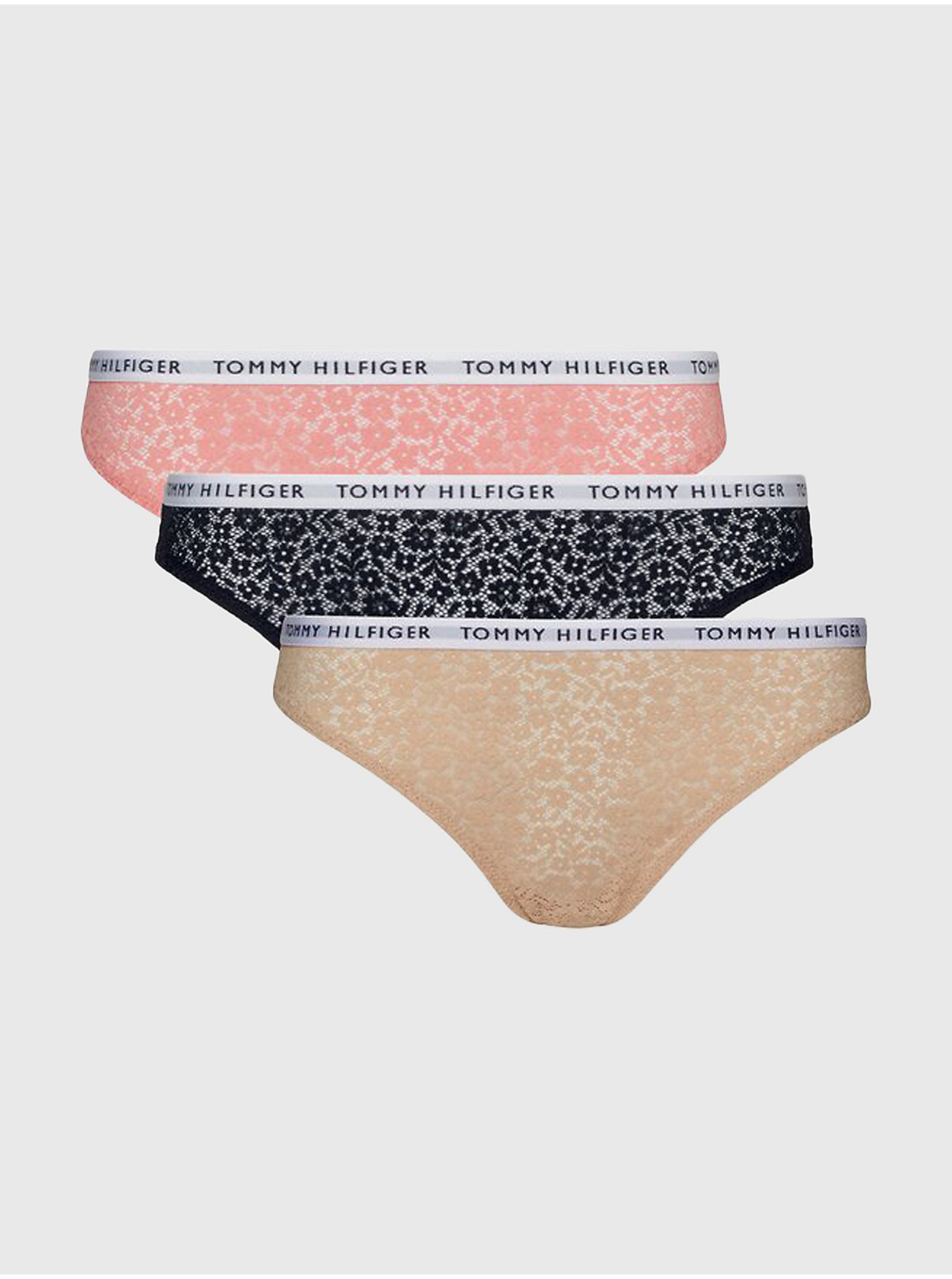 Lacno Súprava troch dámskych krajkových nohavičiek v čiernej, ružovej a béžovej farbe Tommy Hilfiger Underwear