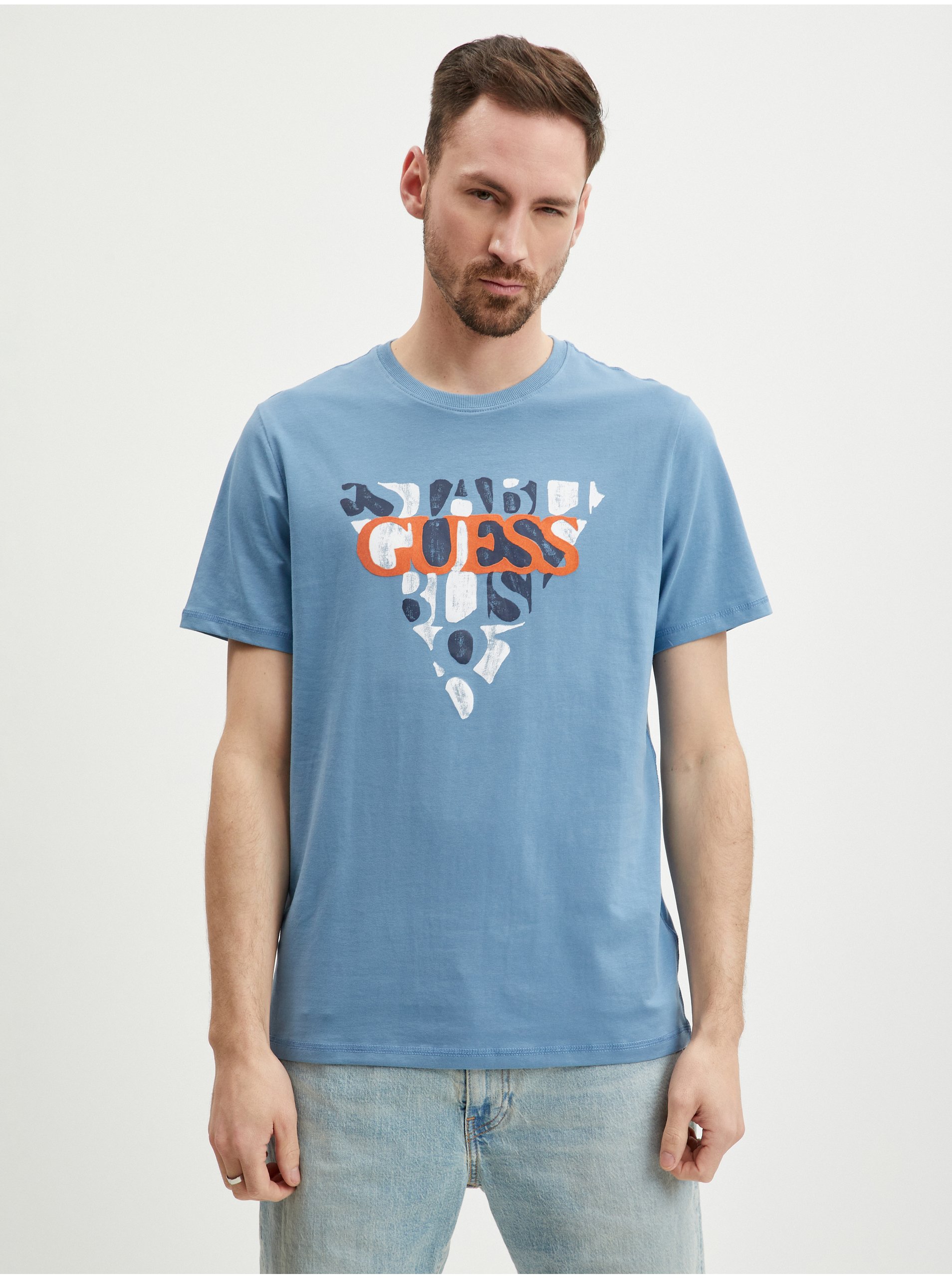 E-shop Světle modré pánské tričko Guess Blurri