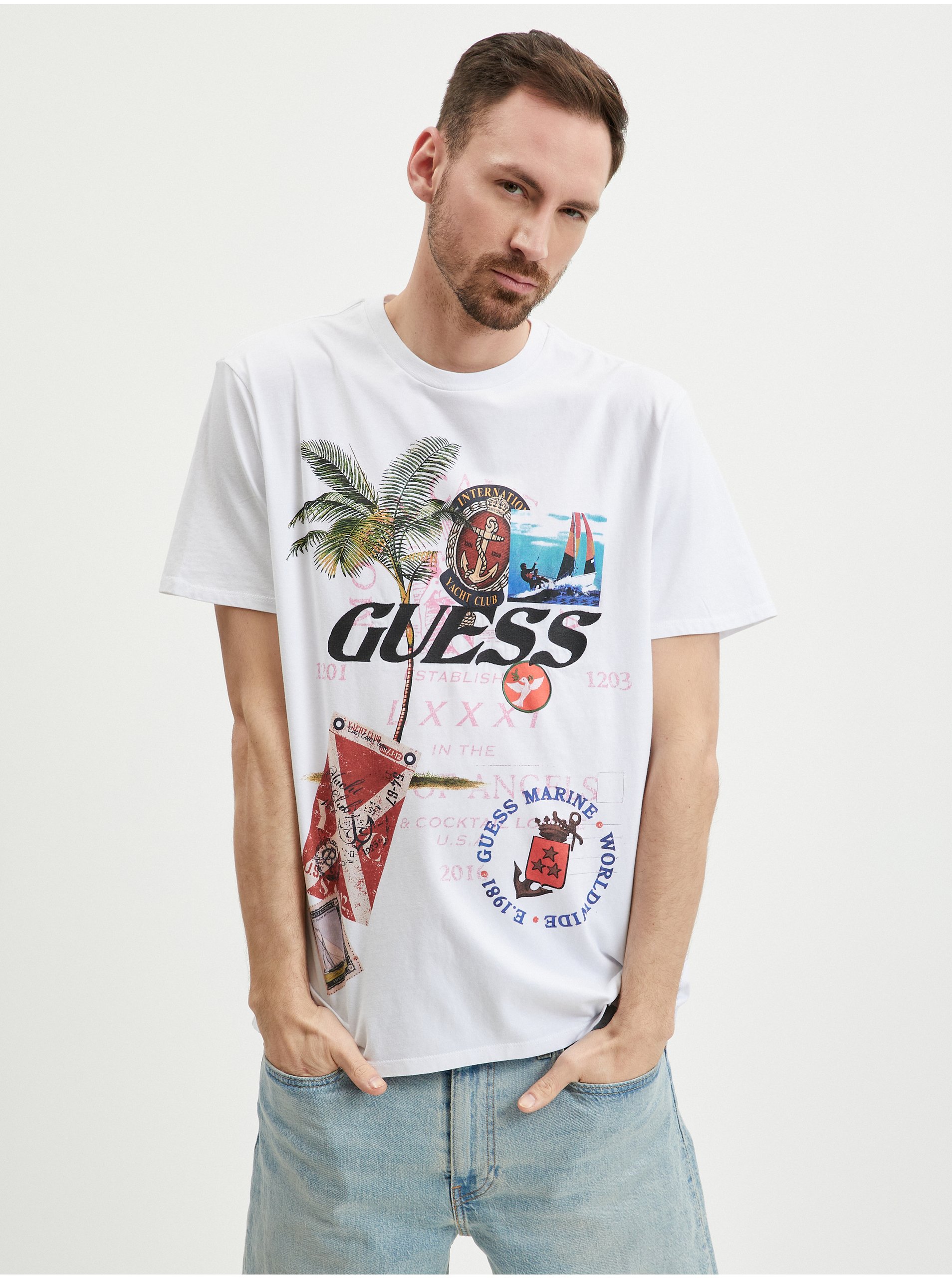 E-shop Bílé pánské tričko Guess Nautica Collage