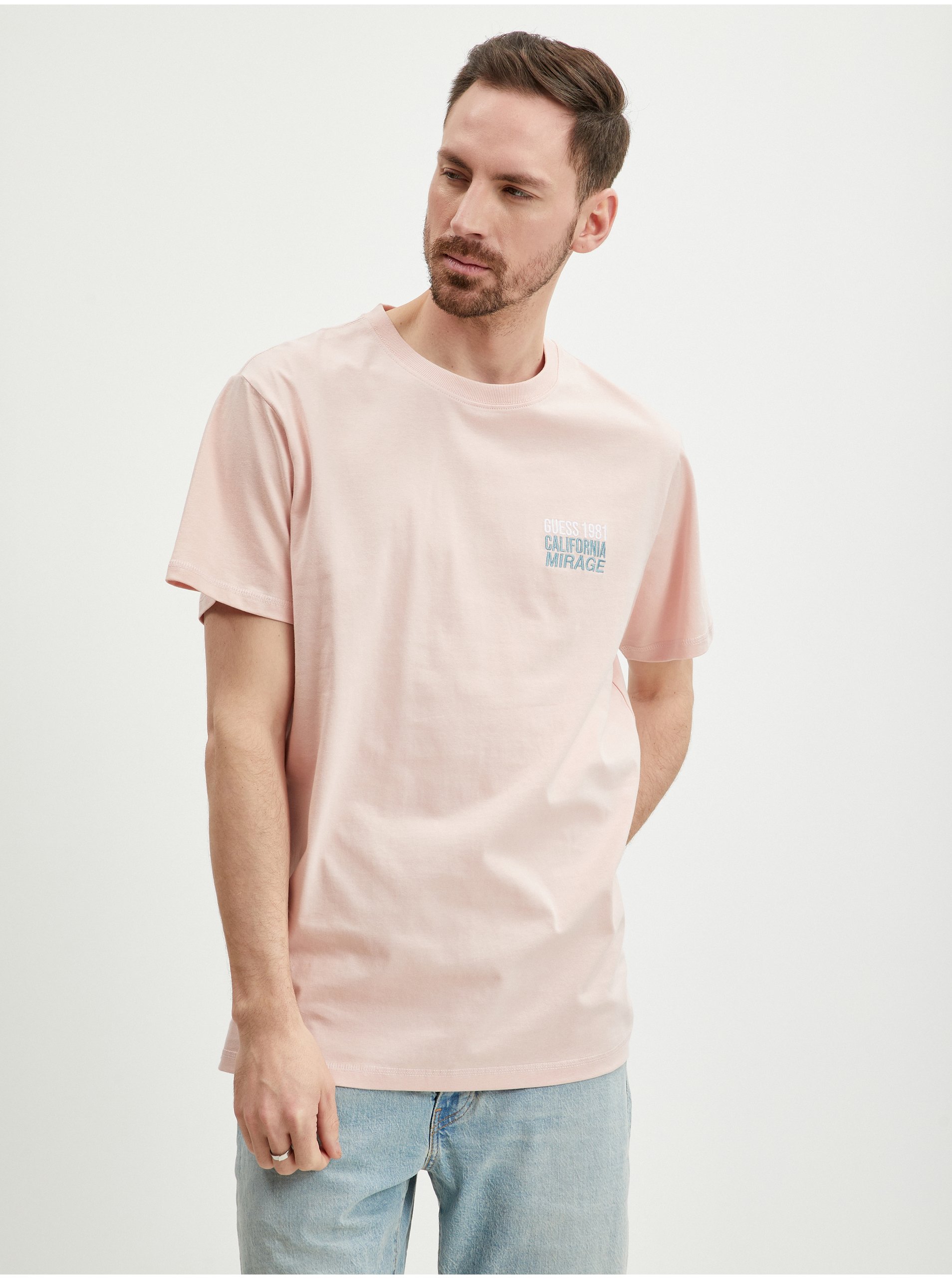 Levně Světle růžové pánské tričko Guess Back Mirage
