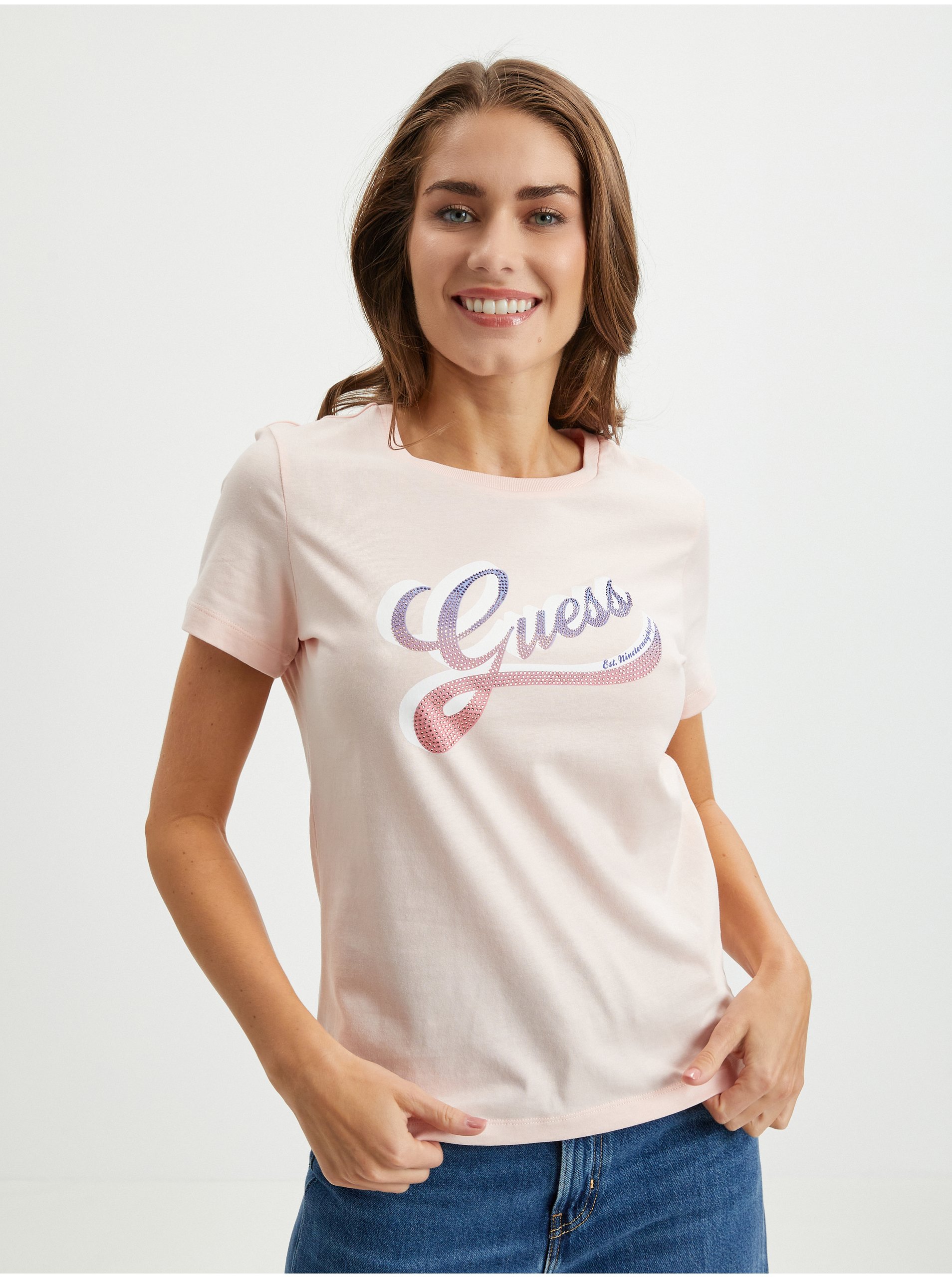 Levně Světle růžové dámské tričko Guess