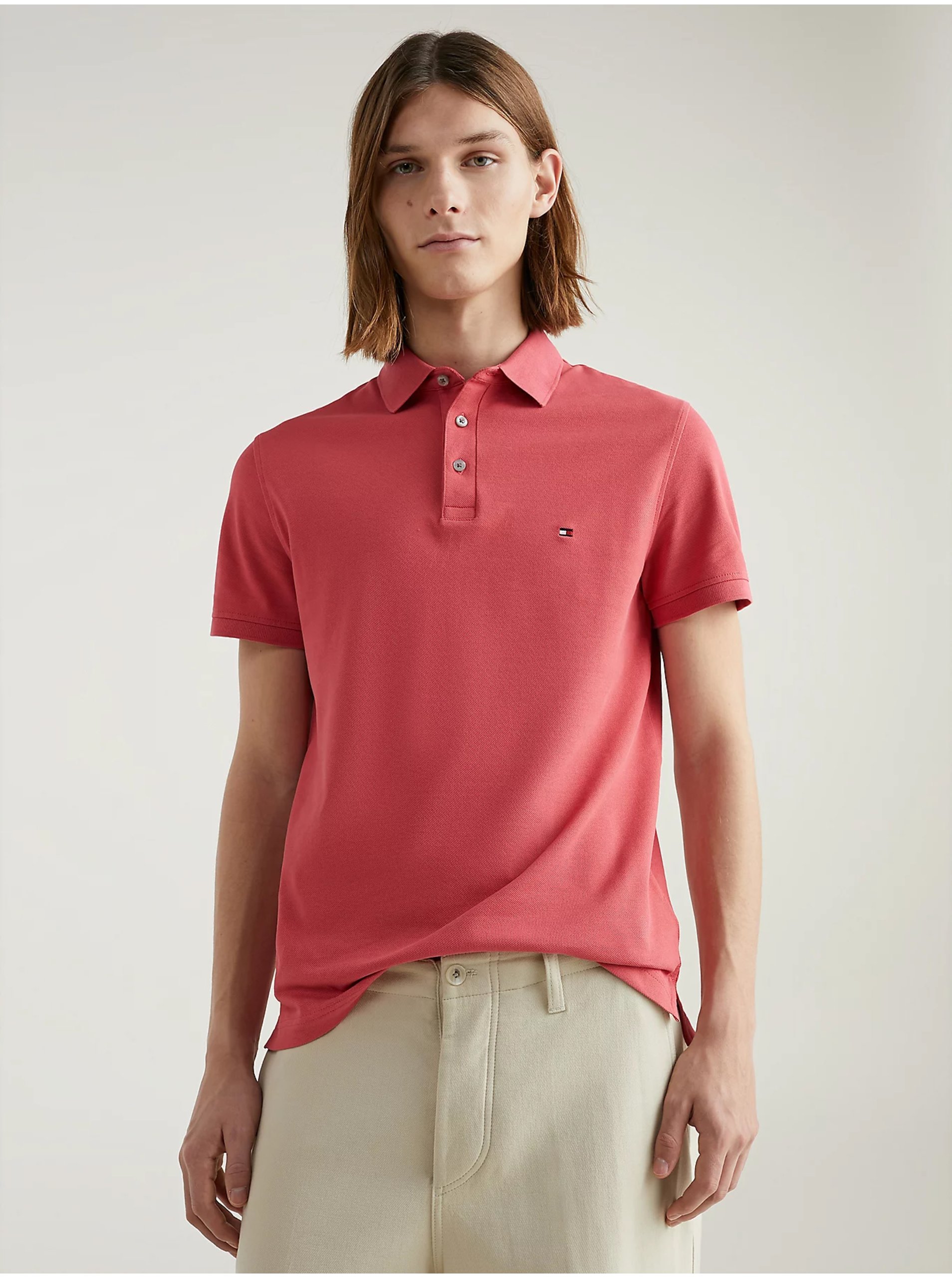 Levně Tmavě růžové pánské polo tričko Tommy Hilfiger 1985 Slim Polo