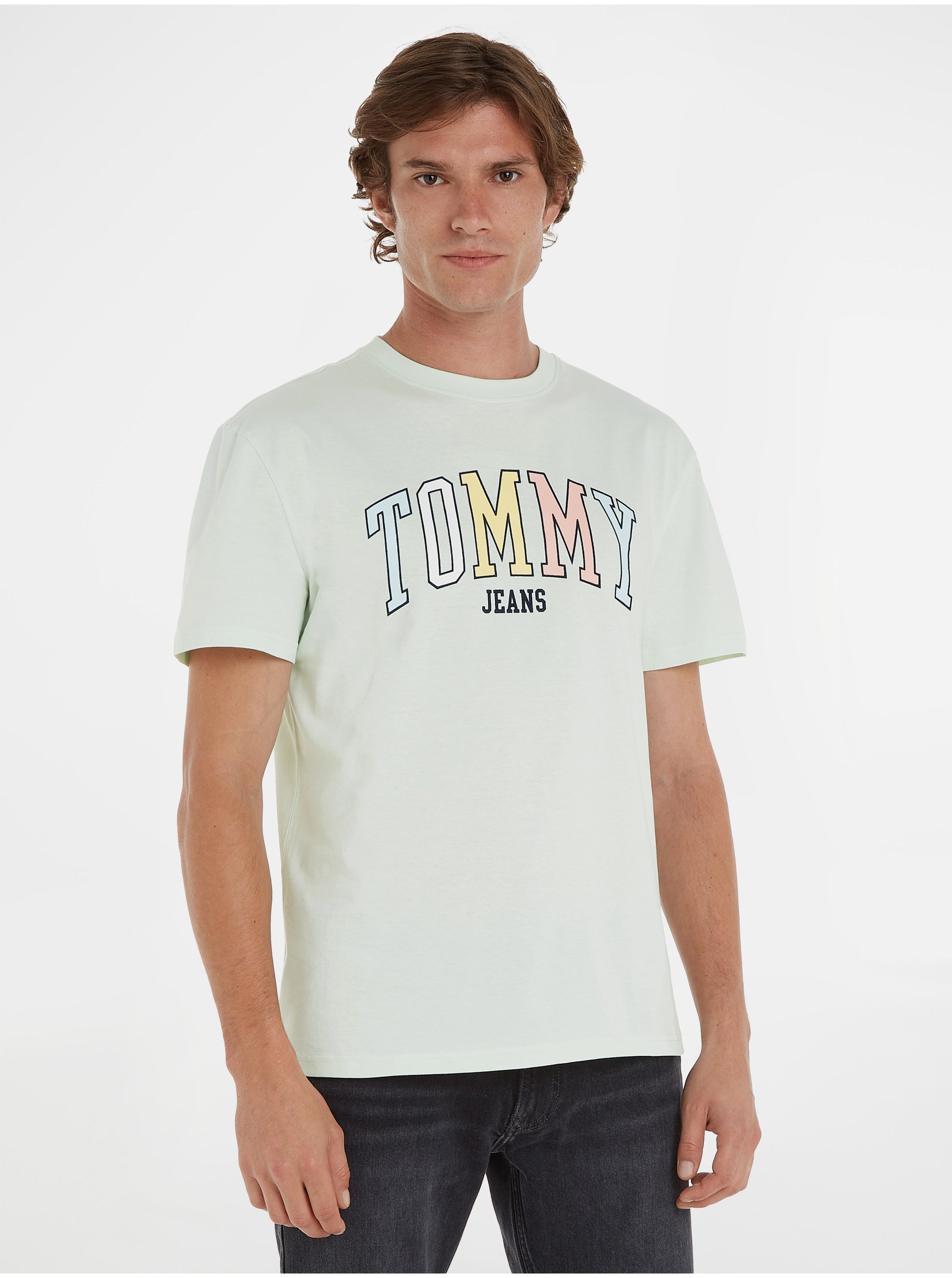 Levně Mentolové pánské tričko Tommy Jeans College Pop Tommy Tee