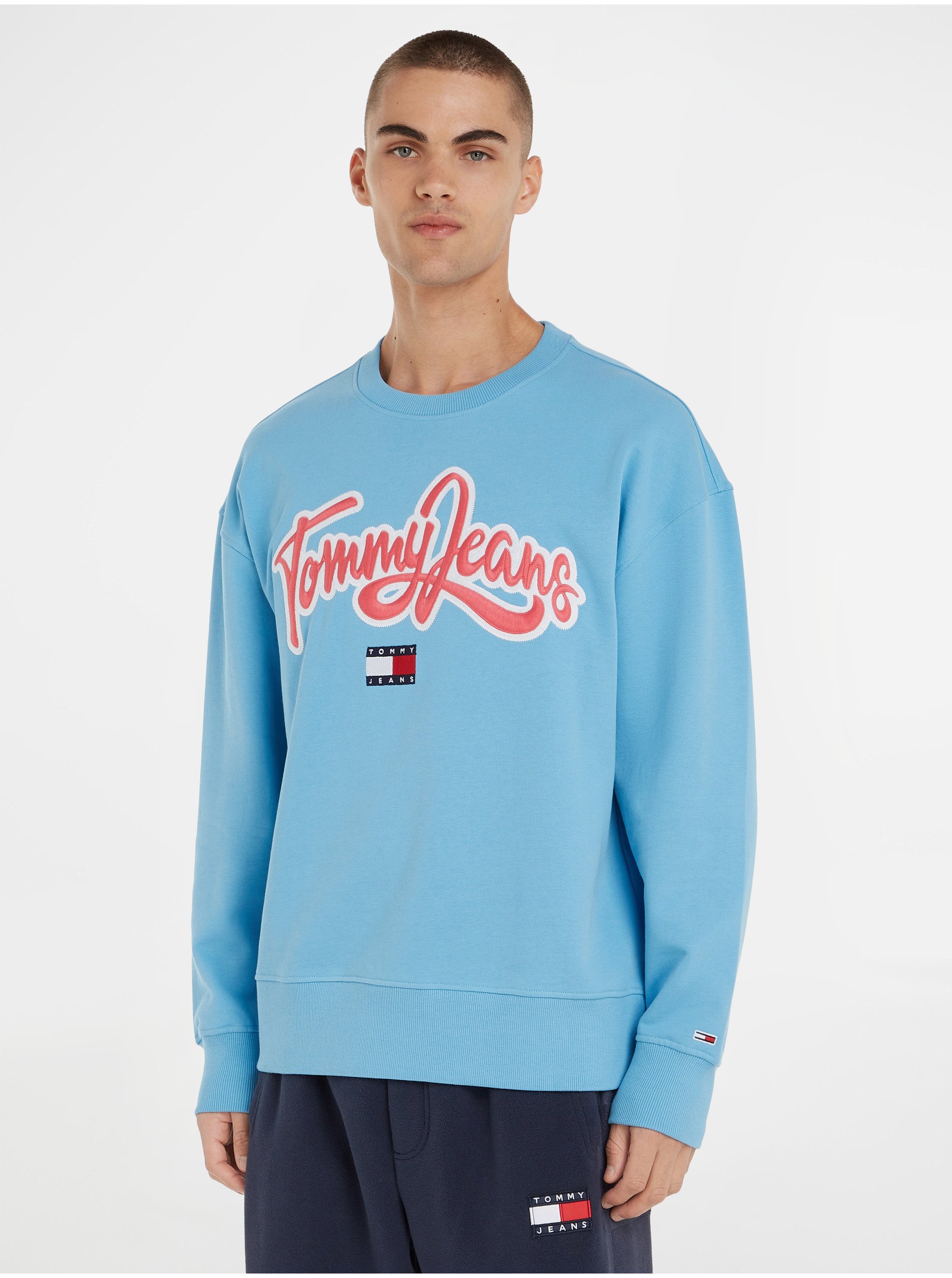 E-shop Světle modrá pánská mikina Tommy Jeans College Pop Text Crew