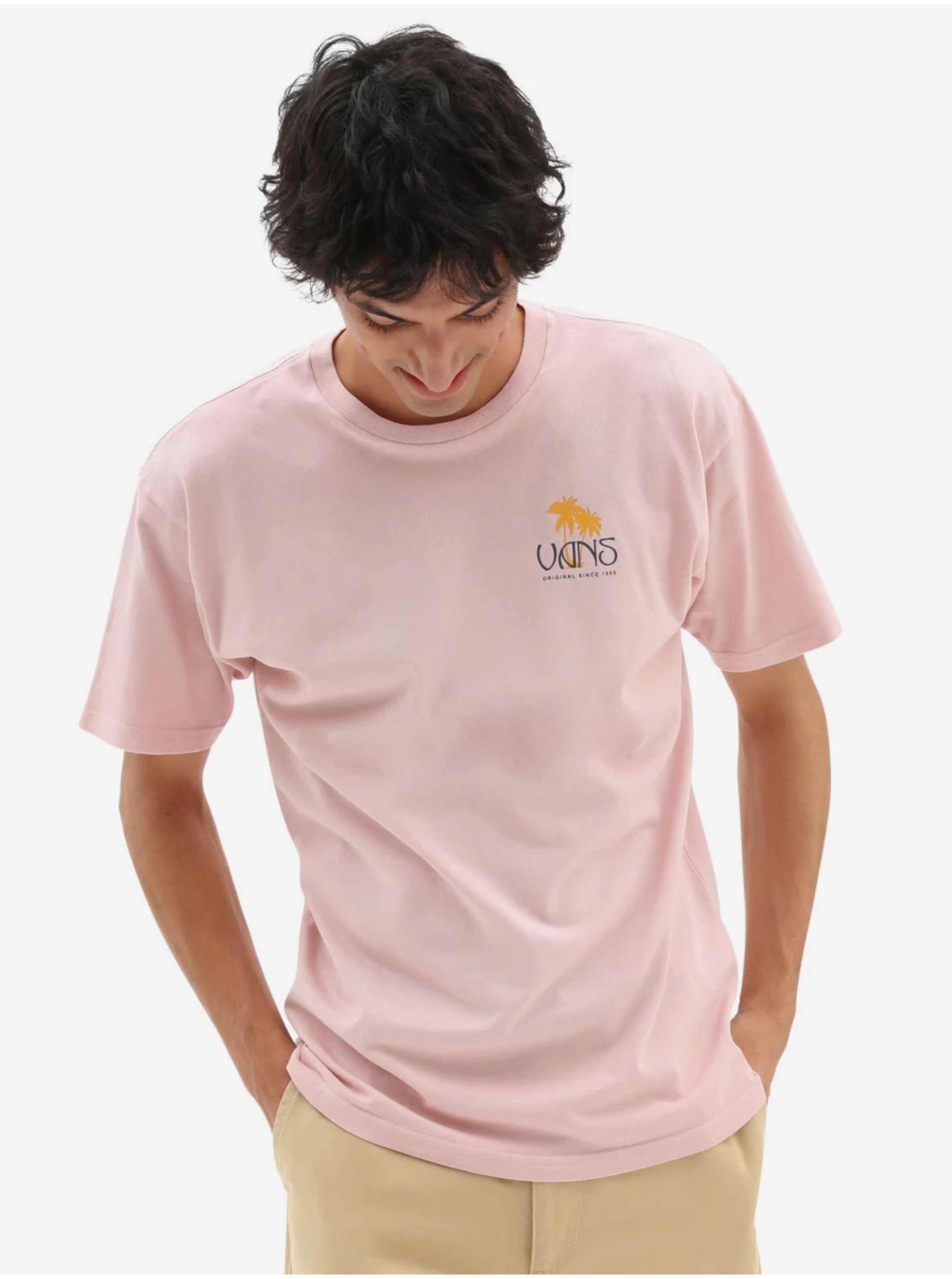 Levně Světle růžové pánské tričko VANS Sunset Dual Palm Vintage SS Tee