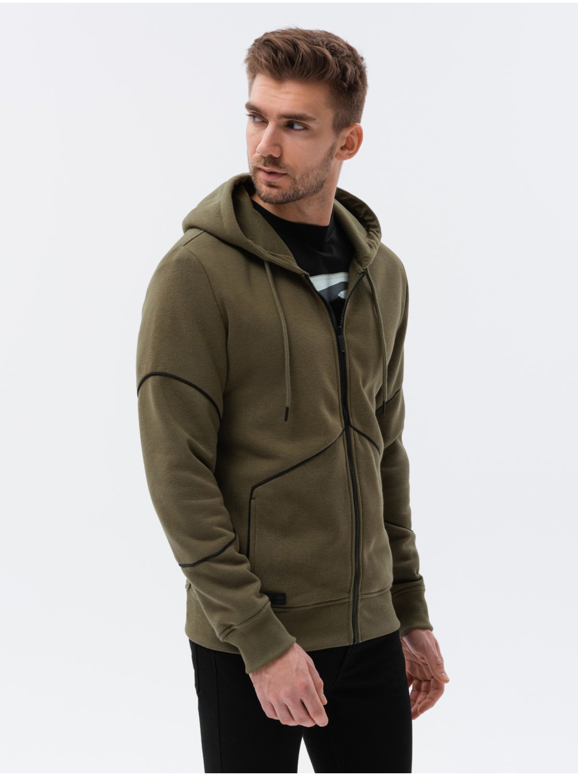E-shop Khaki pánská mikina na zip s kapucí Ombre Clothing