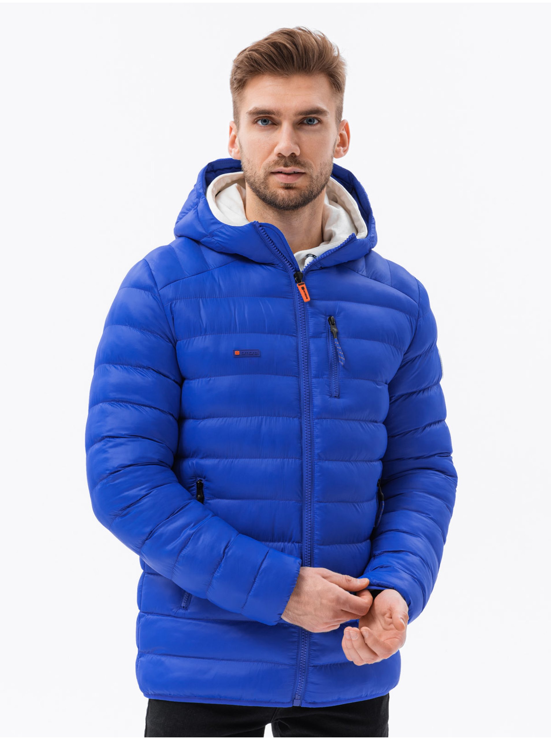 Levně Modrá pánská prošívaná zimní bunda Ombre Clothing