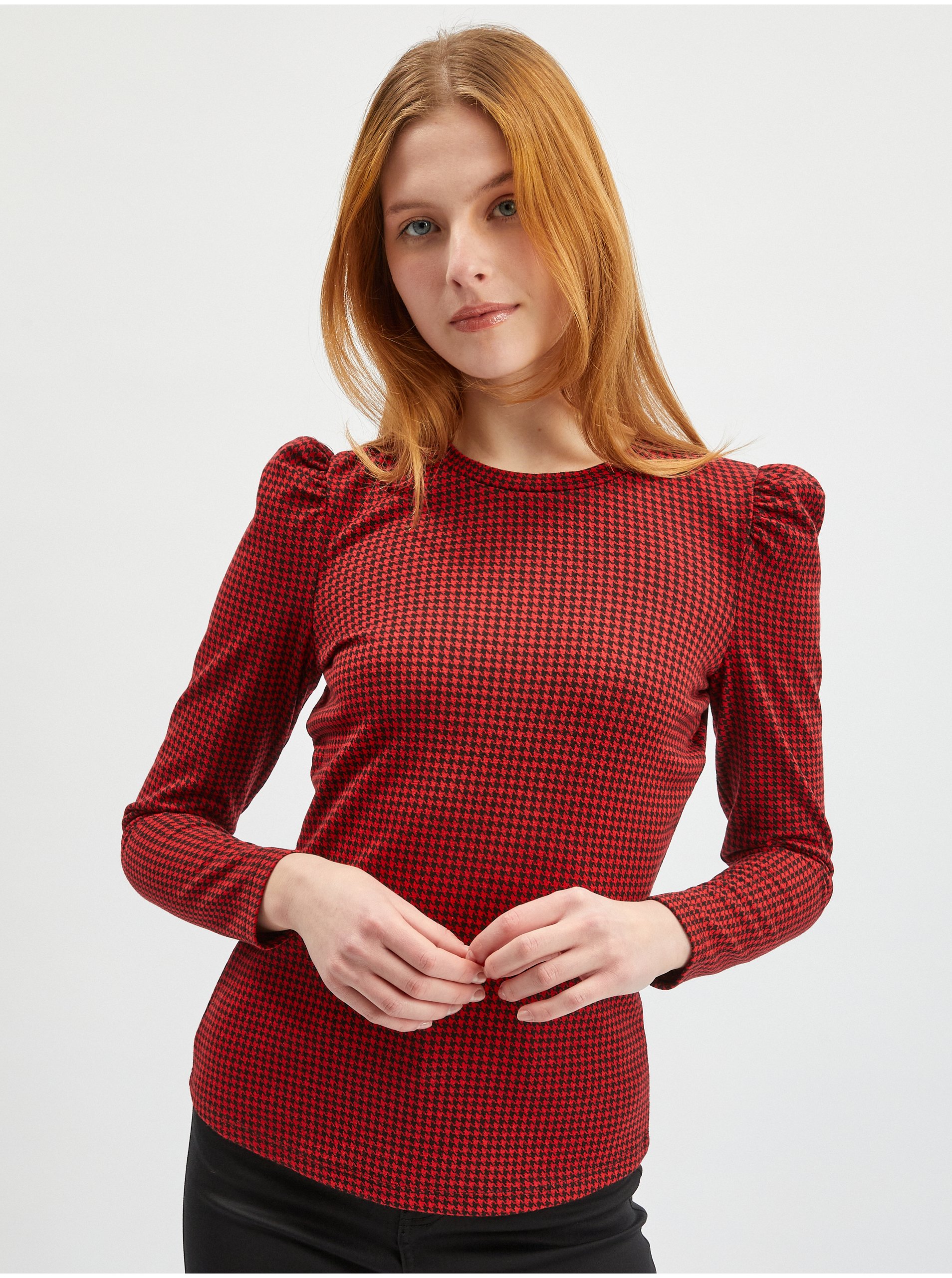 E-shop Červené dámské vzorované tričko s dlouhým rukávem ORSAY