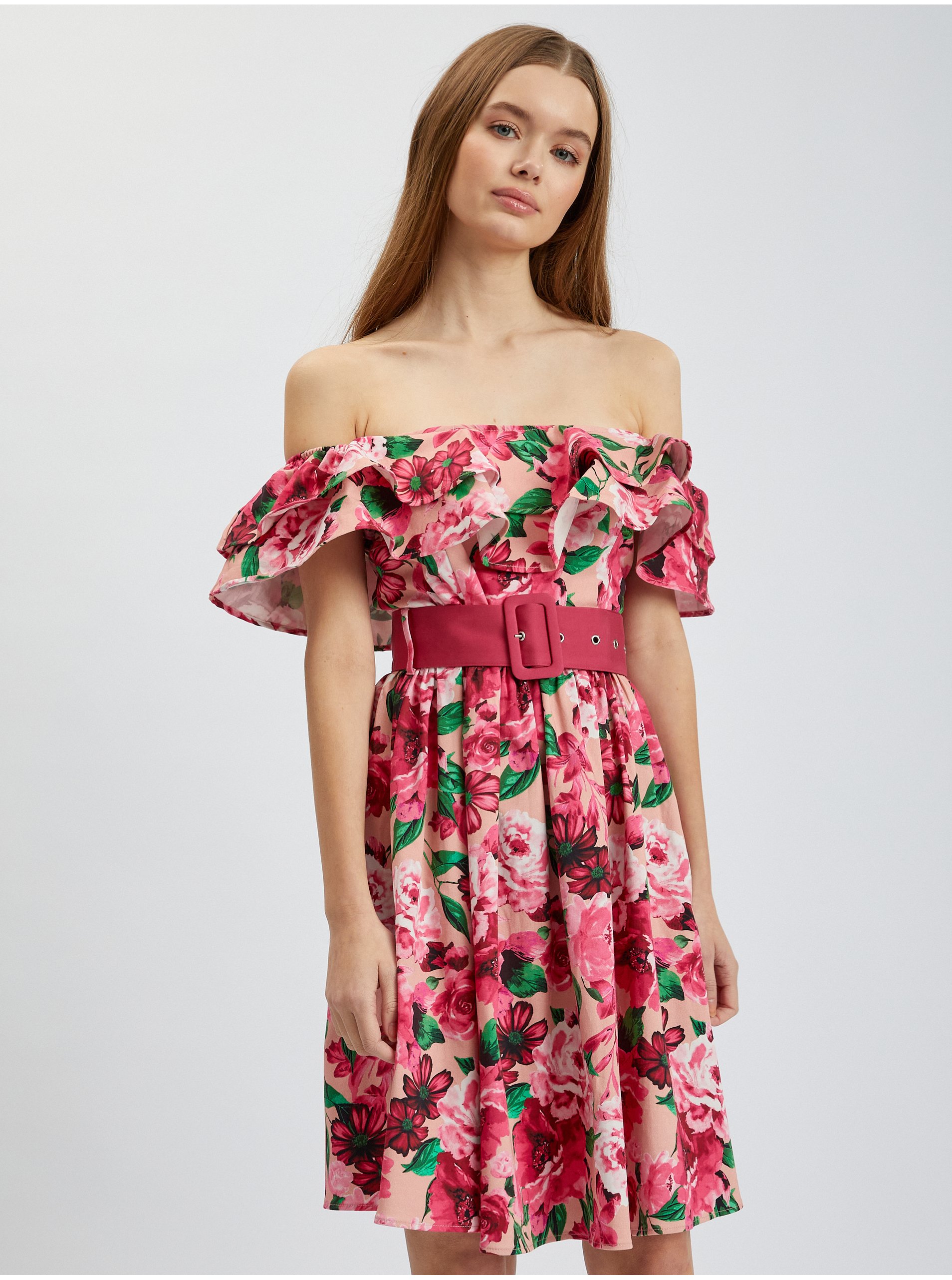 E-shop Tmavo ružové dámske kvetované šaty ORSAY
