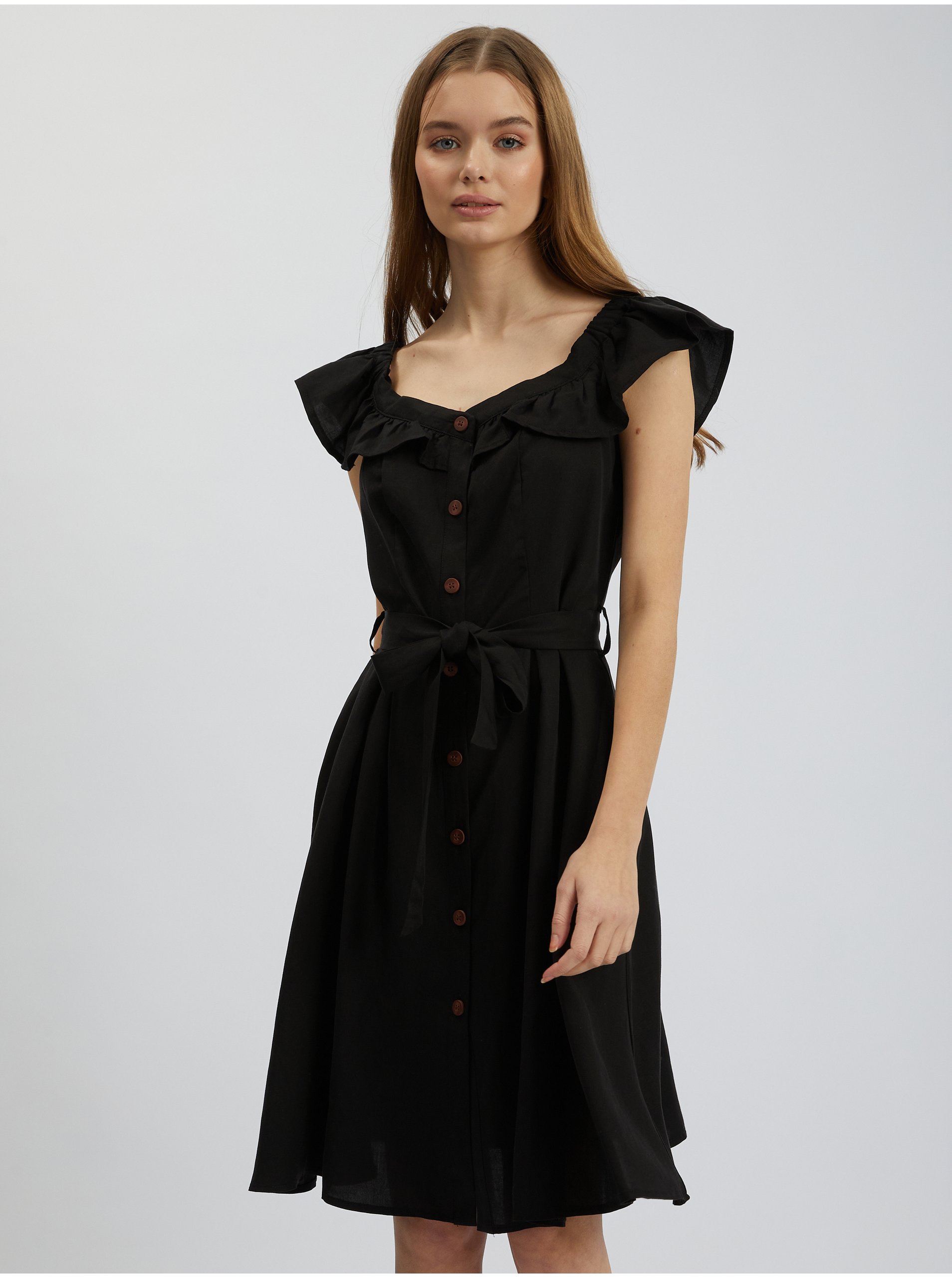 Levně Černé dámské šaty s příměsí lnu ORSAY