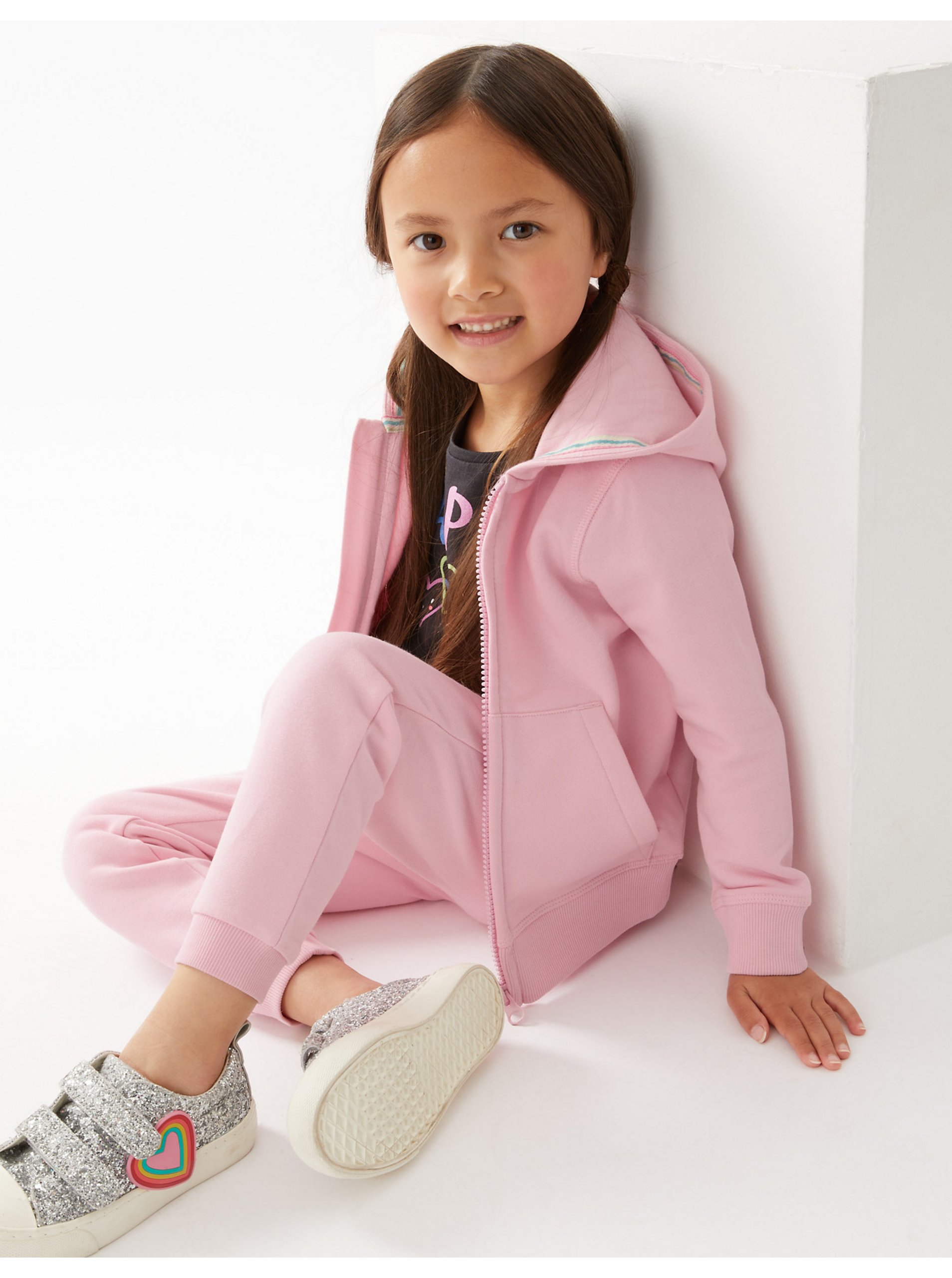 Levně Růžová holčičí basic mikina na zip s kapucí Marks & Spencer
