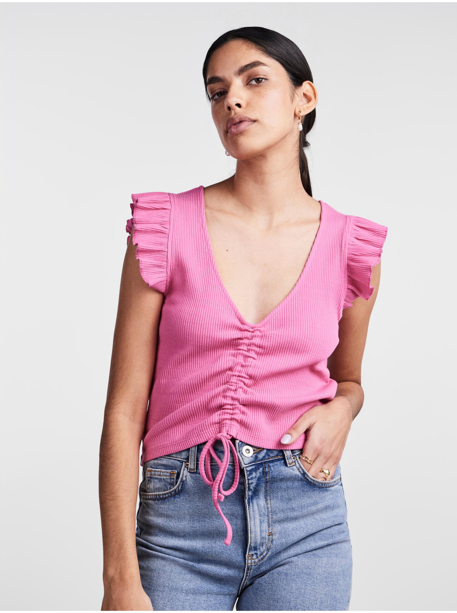 Levně Růžové dámské crop top tričko Pieces Tegan