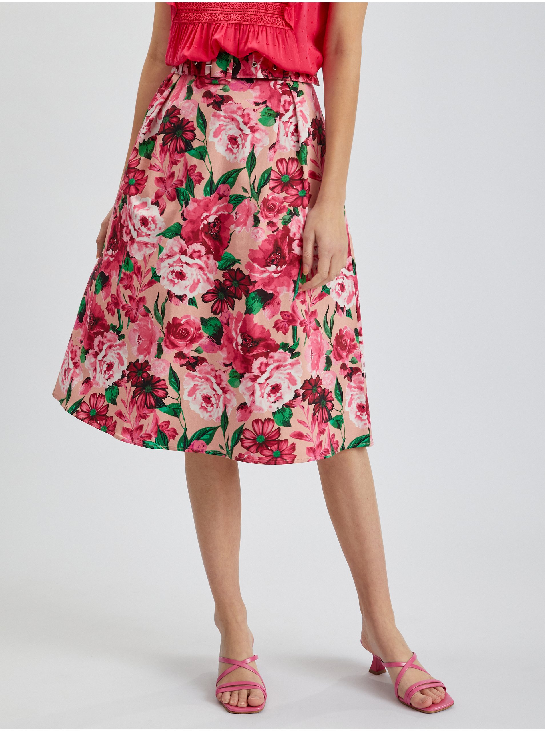 Levně Růžová dámská květovaná sukně ORSAY