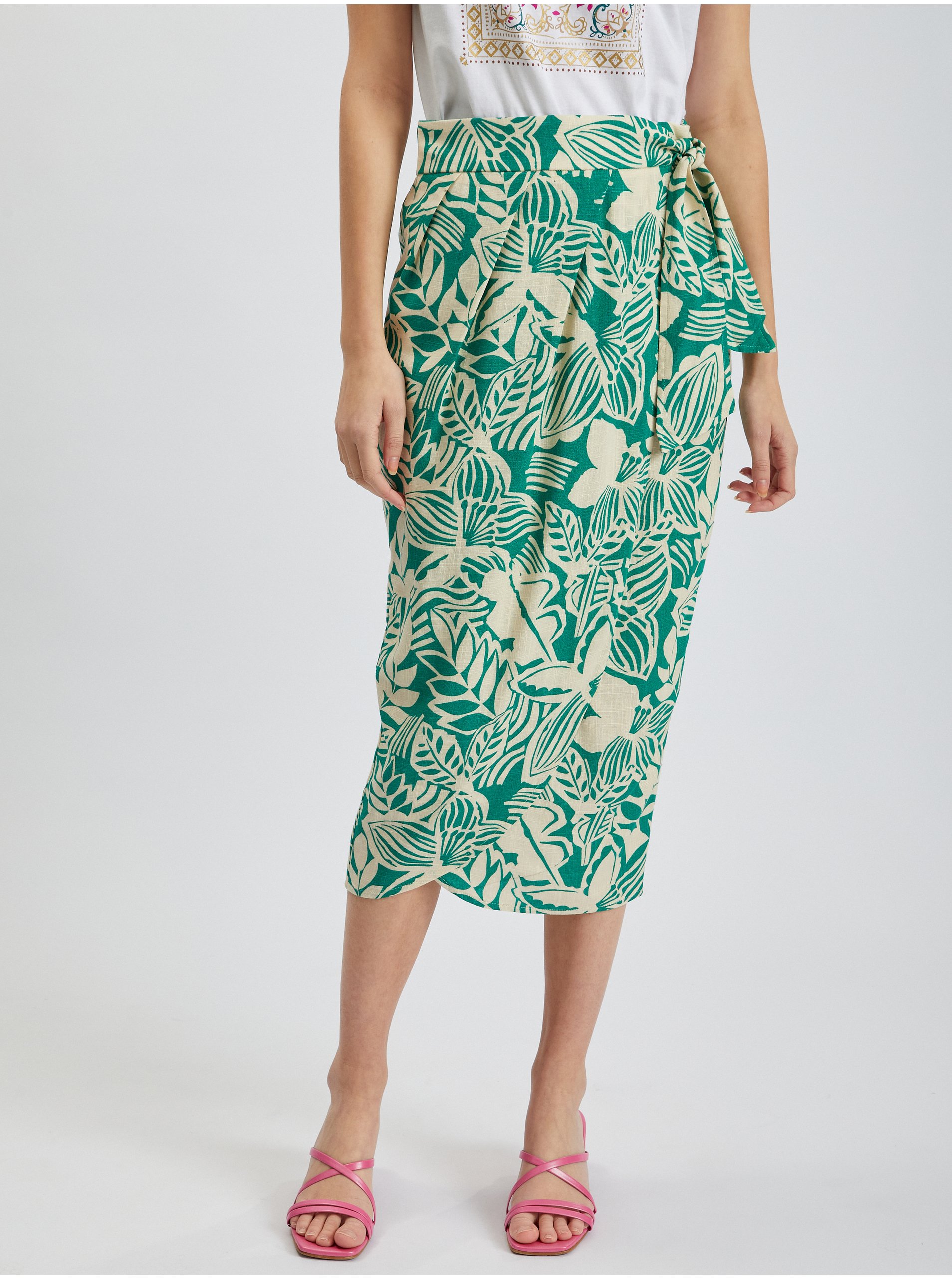 Levně Krémovo-zelená dámská vzorovaná zavinovací midi sukně s příměsí lnu ORSAY