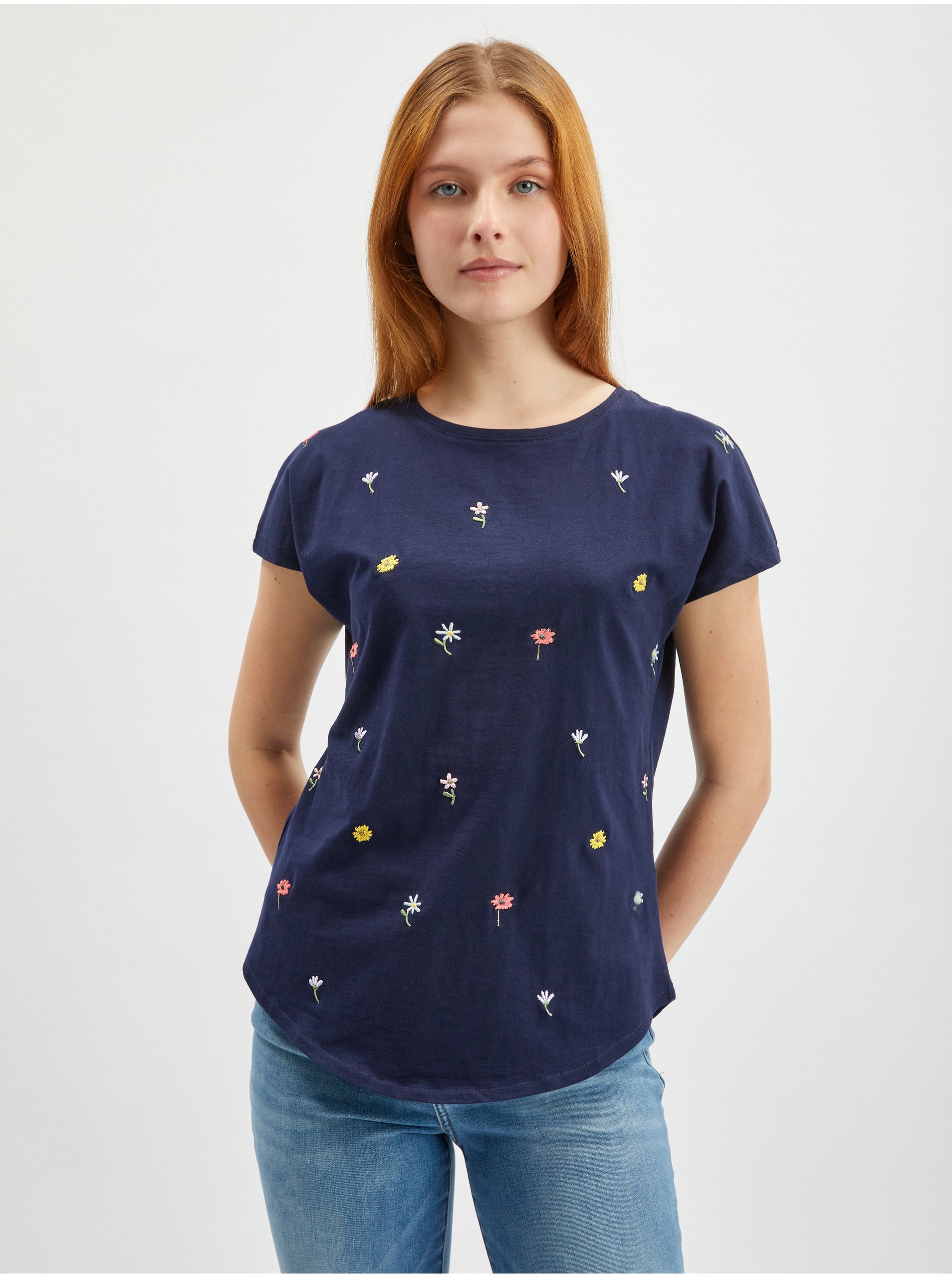 Levně Tmavě modré dámské květované tričko ORSAY
