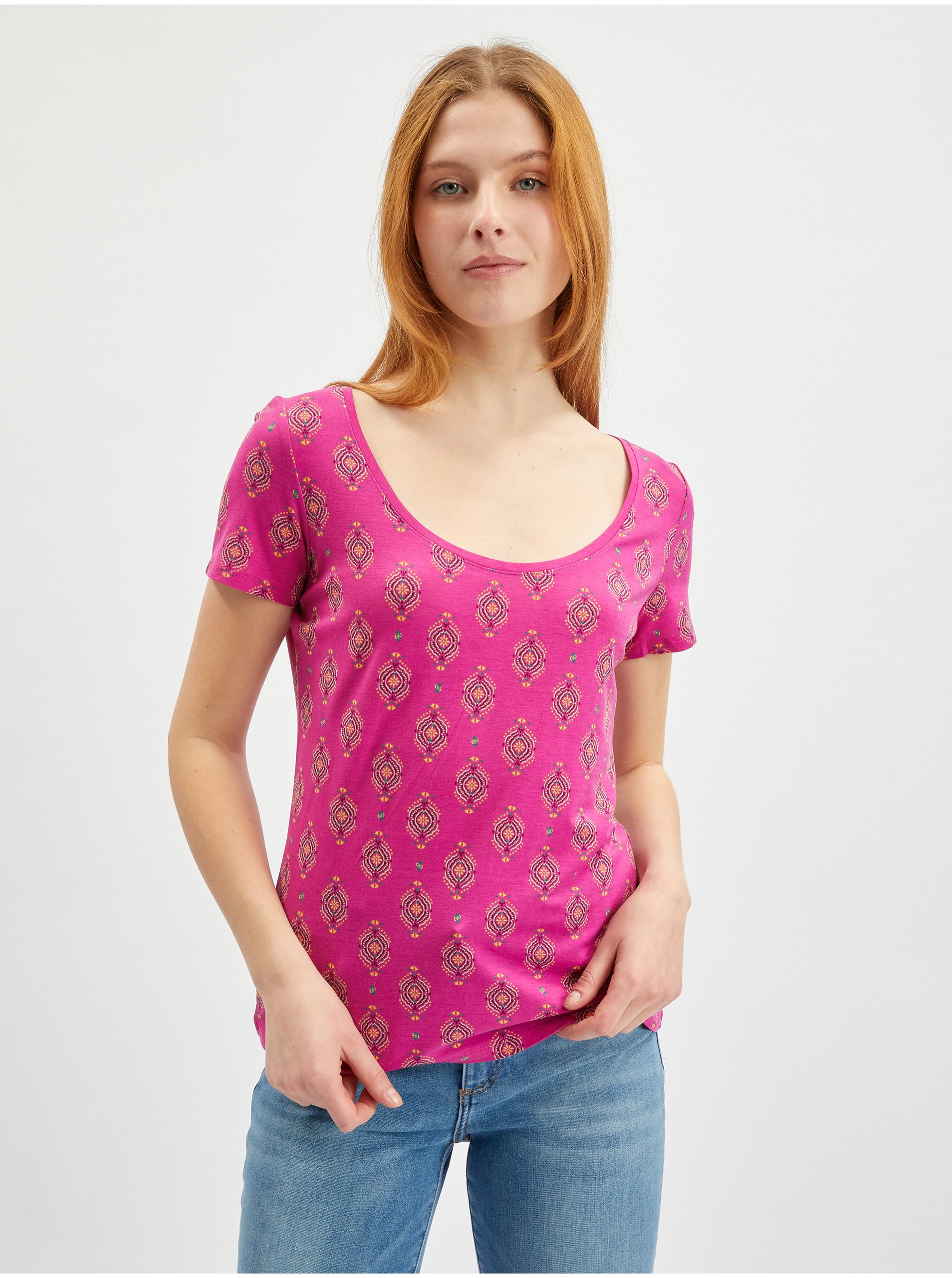 Lacno Tmavo ružové dámske vzorované tričko ORSAY