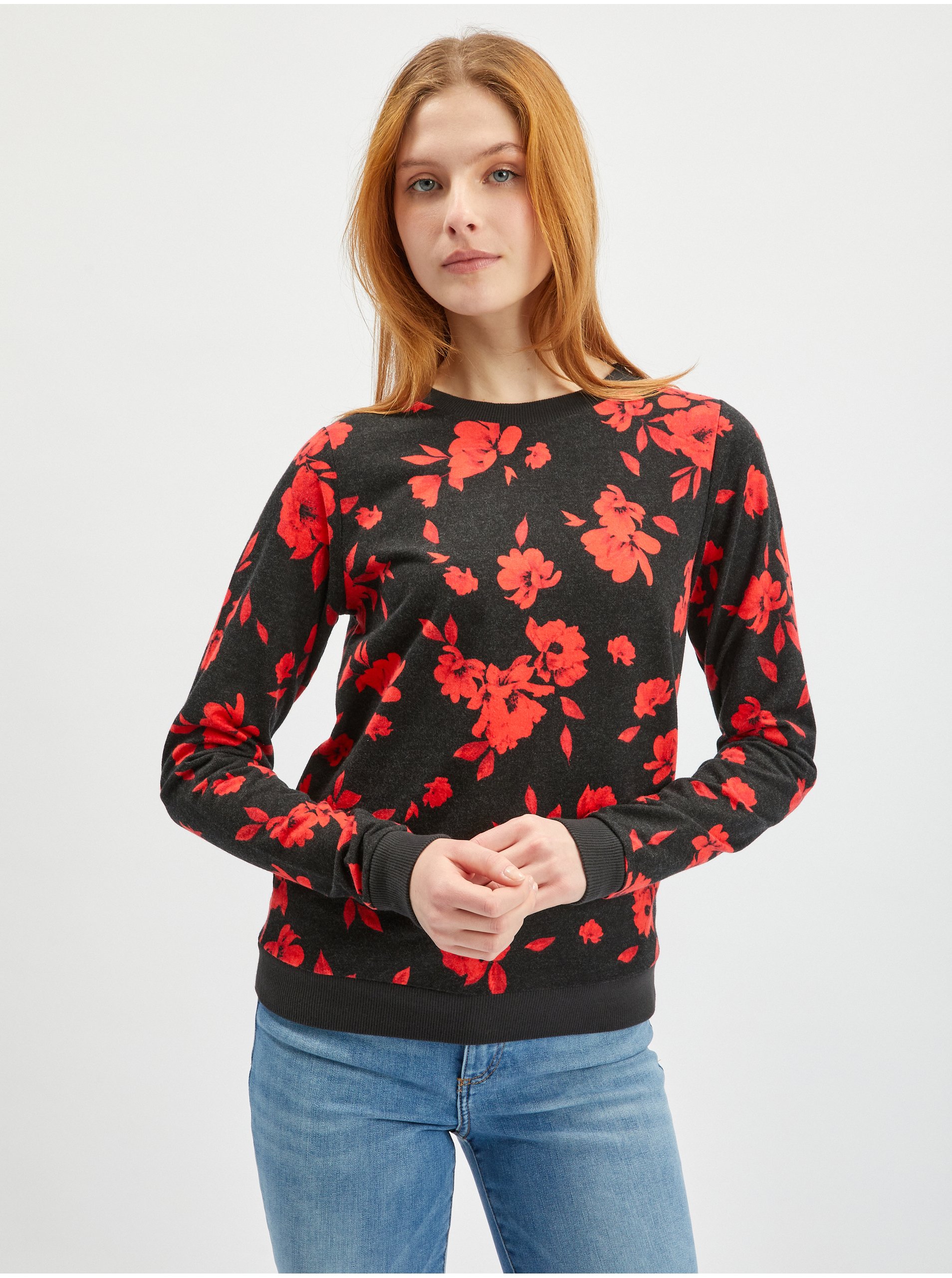 E-shop Červeno-černá dámská květovaná mikina ORSAY